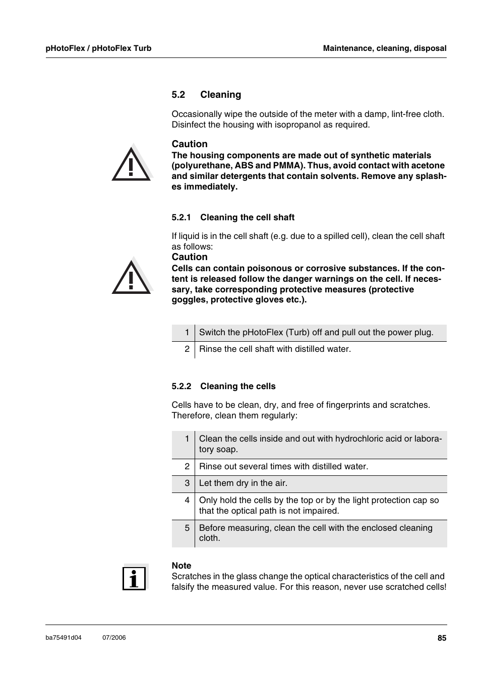 2 cleaning, 1 cleaning the cell shaft, 2 cleaning the cells | Cleaning 5.2.1, Cleaning the cell shaft, Cleaning the cells, Section 5.2.2), Ee section 5.2.2) | Xylem pHotoFlex/pHotoFlex Turb User Manual | Page 85 / 109
