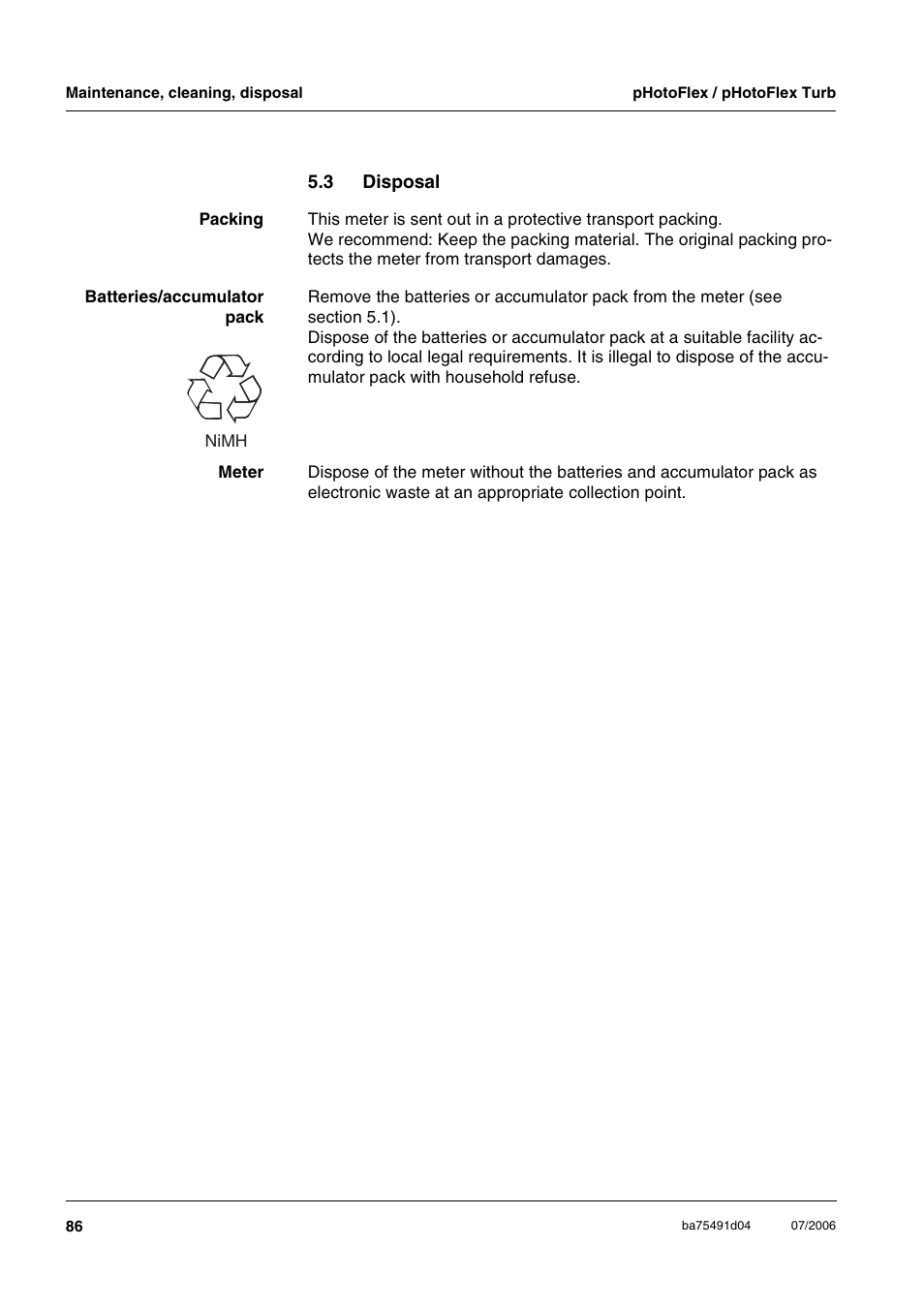 3 disposal, Disposal | Xylem pHotoFlex/pHotoFlex Turb User Manual | Page 86 / 109