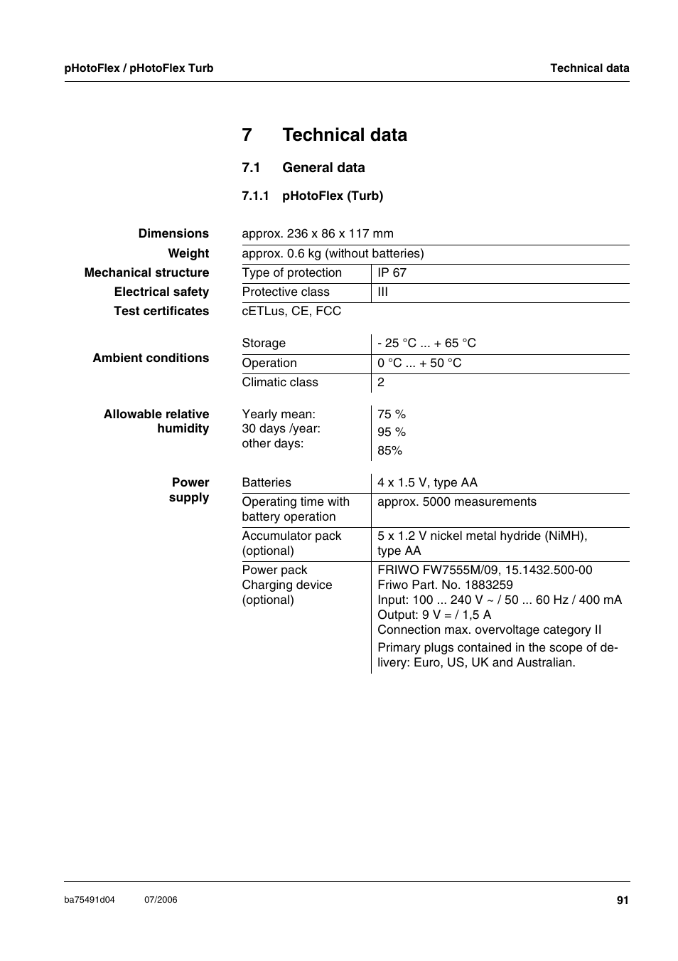 7 technical data, 1 general data, 1 photoflex(turb) | Technical data, General data 7.1.1, Photoflex (turb), Chapter 7 t, Echnical, Data, Ee chapter 7 t | Xylem pHotoFlex/pHotoFlex Turb User Manual | Page 91 / 109