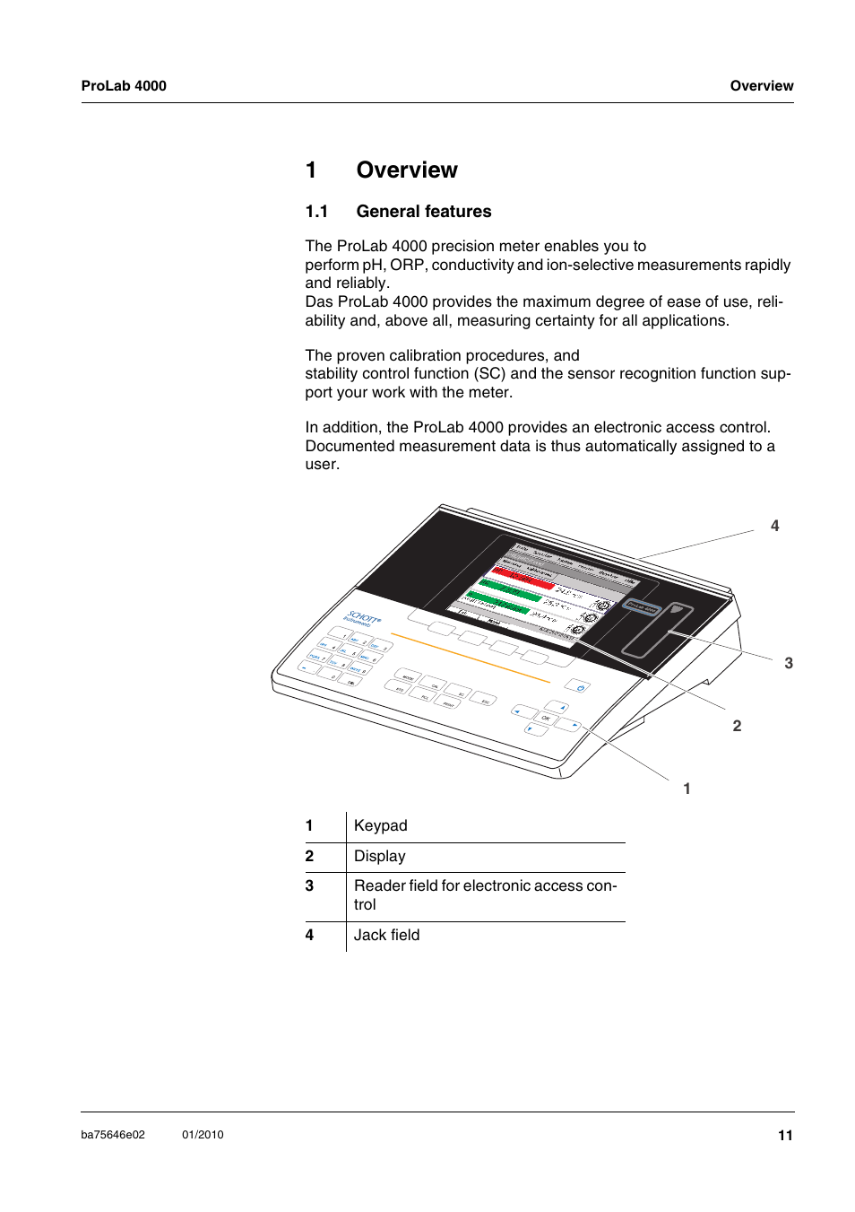 1 overview, 1 general features, Overview | General features, 1overview | Xylem ProLab 4000 MULTIPARAMETER BENCHTOP METER User Manual | Page 11 / 219