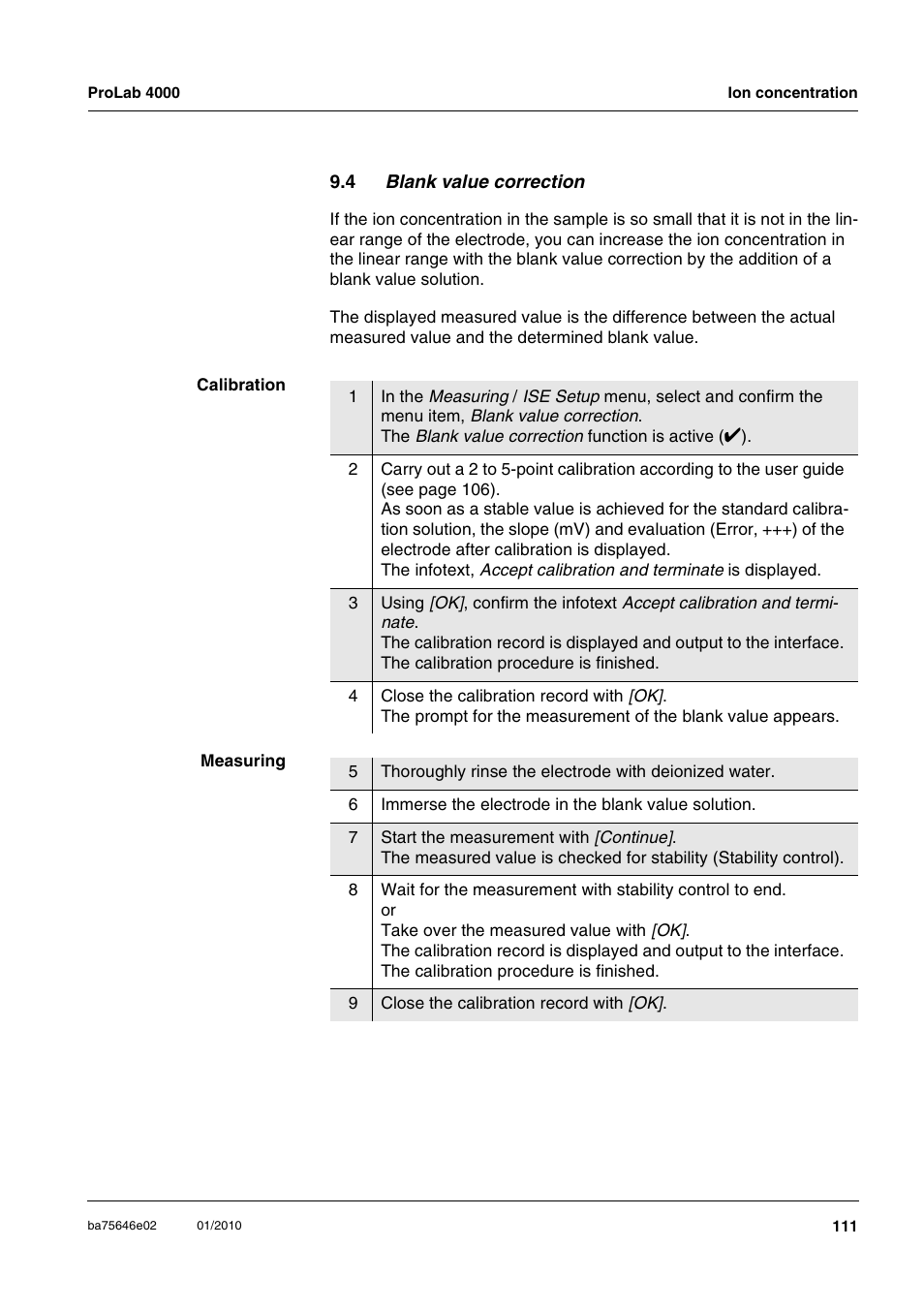 4 blank value correction | Xylem ProLab 4000 MULTIPARAMETER BENCHTOP METER User Manual | Page 111 / 219