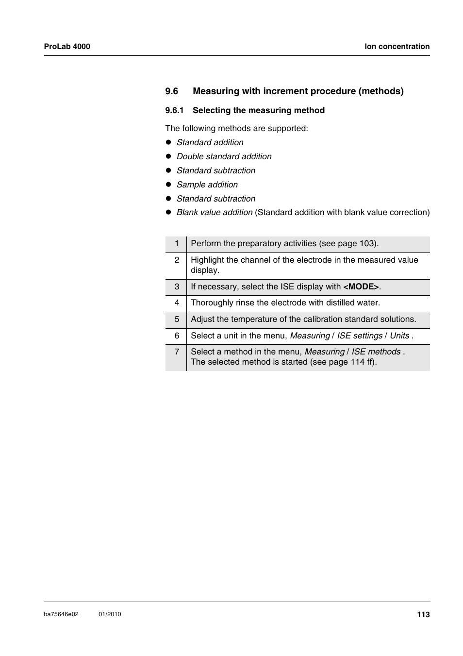 6 measuring with increment procedure (methods), 1 selecting the measuring method, Measuring with increment procedure (methods) 9.6.1 | Selecting the measuring method | Xylem ProLab 4000 MULTIPARAMETER BENCHTOP METER User Manual | Page 113 / 219