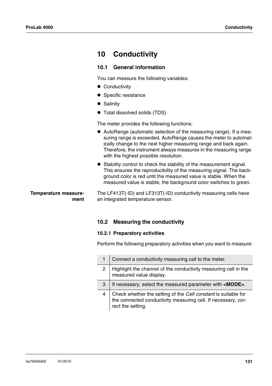 10 conductivity, 1 general information, 2 measuring the conductivity | 1 preparatory activities | Xylem ProLab 4000 MULTIPARAMETER BENCHTOP METER User Manual | Page 131 / 219