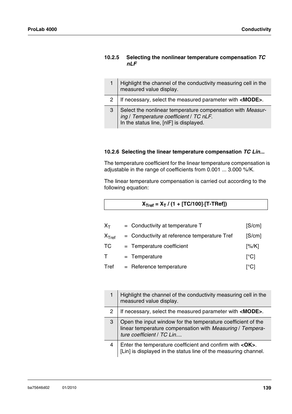 5 selecting the nonlinear, Temperature compensation tc nlf, 6 selecting the linear temperature compensation | Xylem ProLab 4000 MULTIPARAMETER BENCHTOP METER User Manual | Page 139 / 219