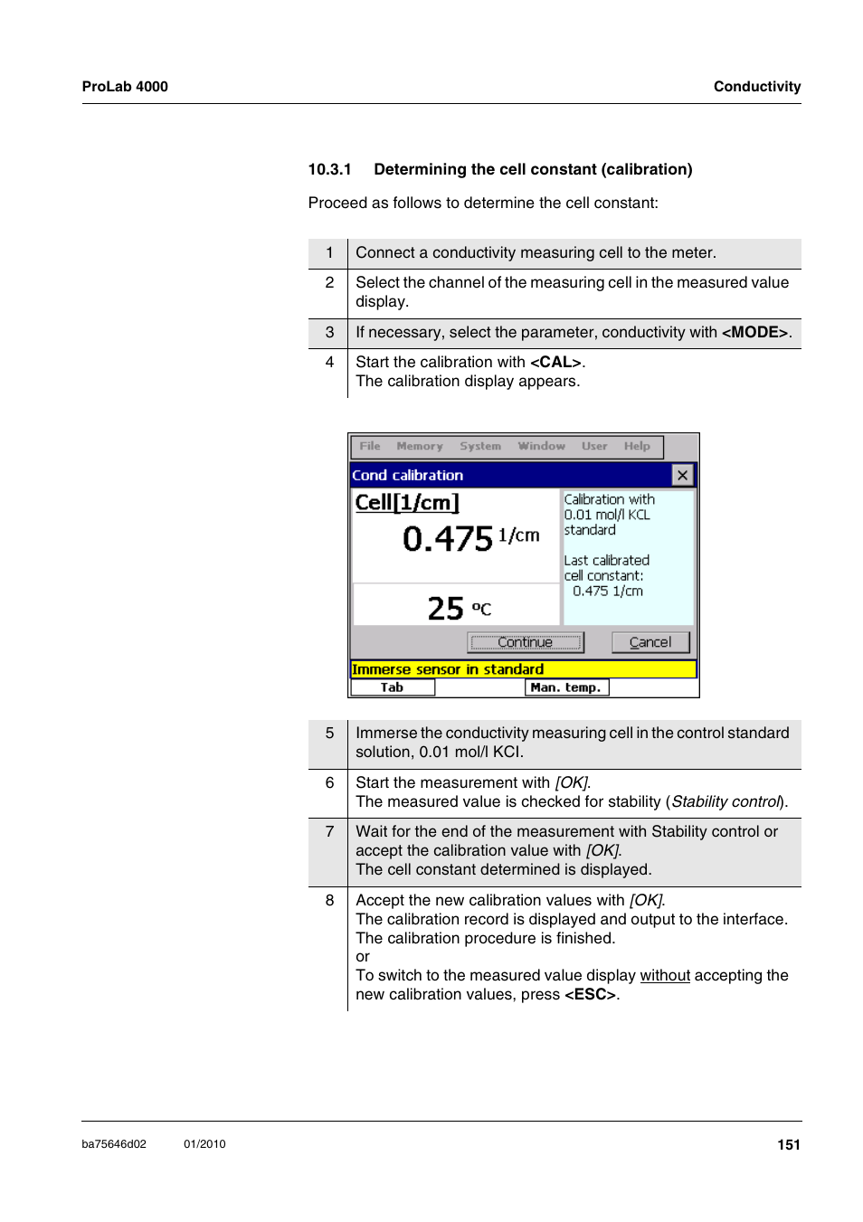 1 determining the cell constant (calibration) | Xylem ProLab 4000 MULTIPARAMETER BENCHTOP METER User Manual | Page 151 / 219