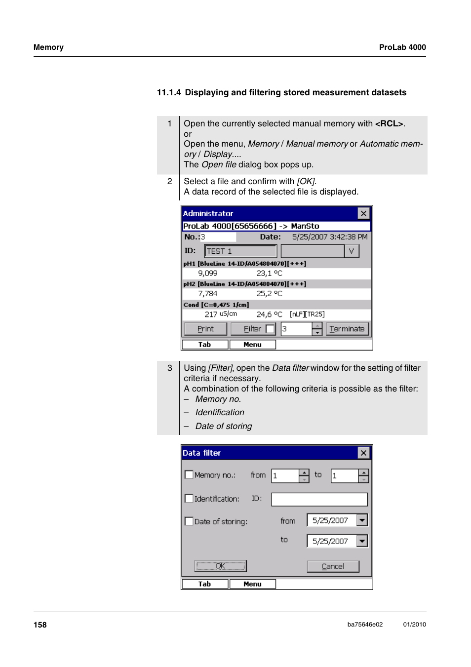4 displaying and filtering stored measurement, Datasets | Xylem ProLab 4000 MULTIPARAMETER BENCHTOP METER User Manual | Page 158 / 219