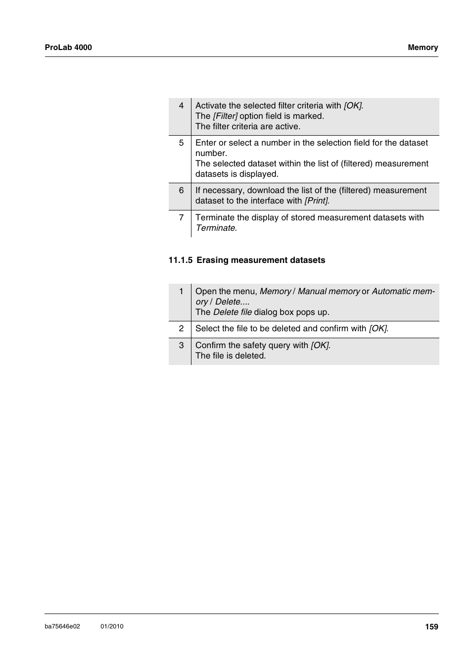 5 erasing measurement datasets | Xylem ProLab 4000 MULTIPARAMETER BENCHTOP METER User Manual | Page 159 / 219
