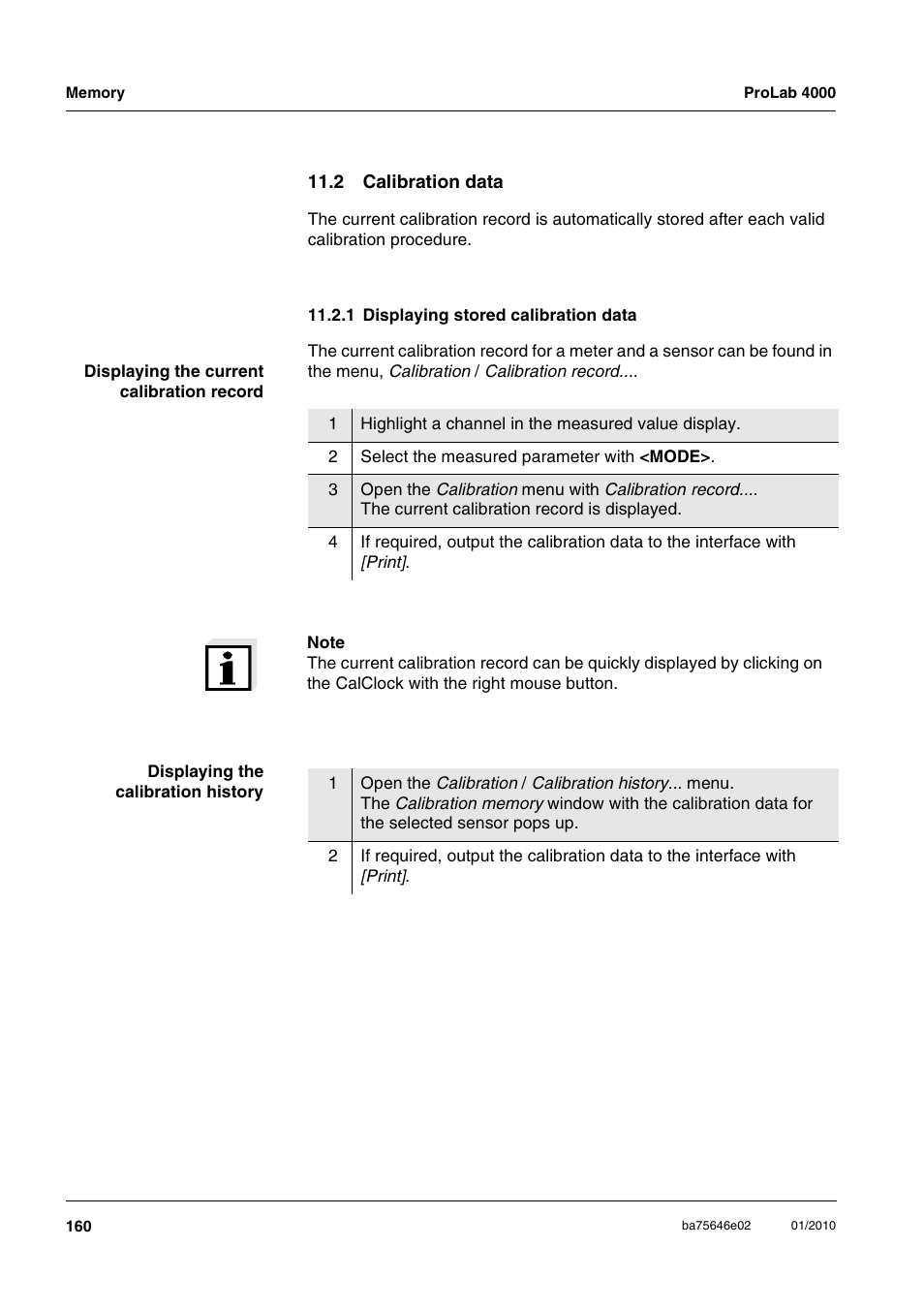 2 calibration data, 1 displaying stored calibration data | Xylem ProLab 4000 MULTIPARAMETER BENCHTOP METER User Manual | Page 160 / 219