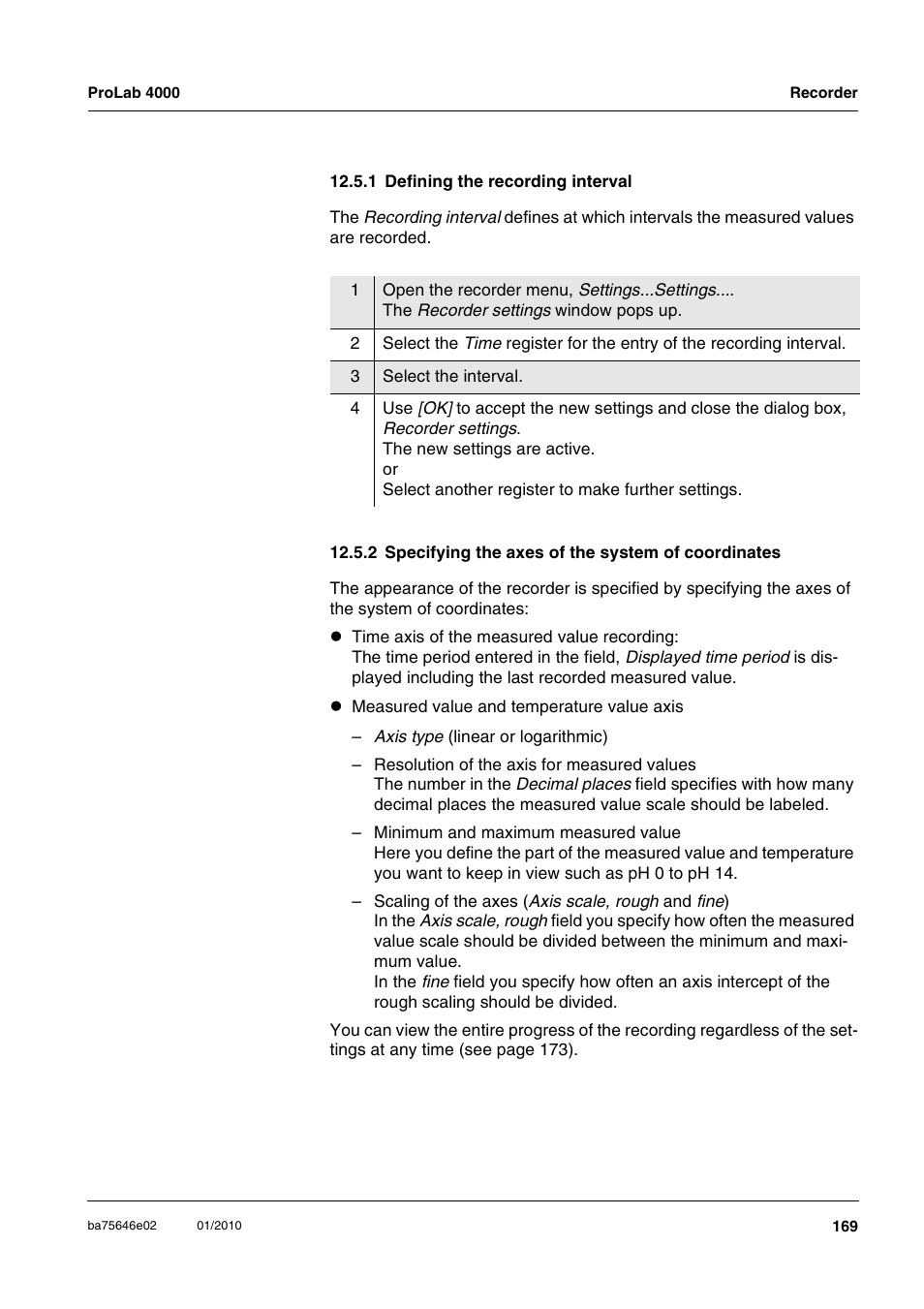 1 defining the recording interval, 2 specifying the axes of the system of coordinates, Of coordinates | Xylem ProLab 4000 MULTIPARAMETER BENCHTOP METER User Manual | Page 169 / 219