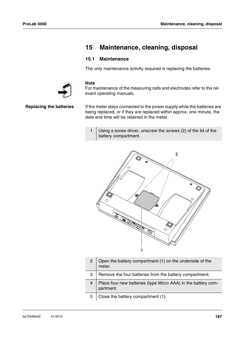 15 maintenance, cleaning, disposal, 1 maintenance | Xylem ProLab 4000 MULTIPARAMETER BENCHTOP METER User Manual | Page 187 / 219