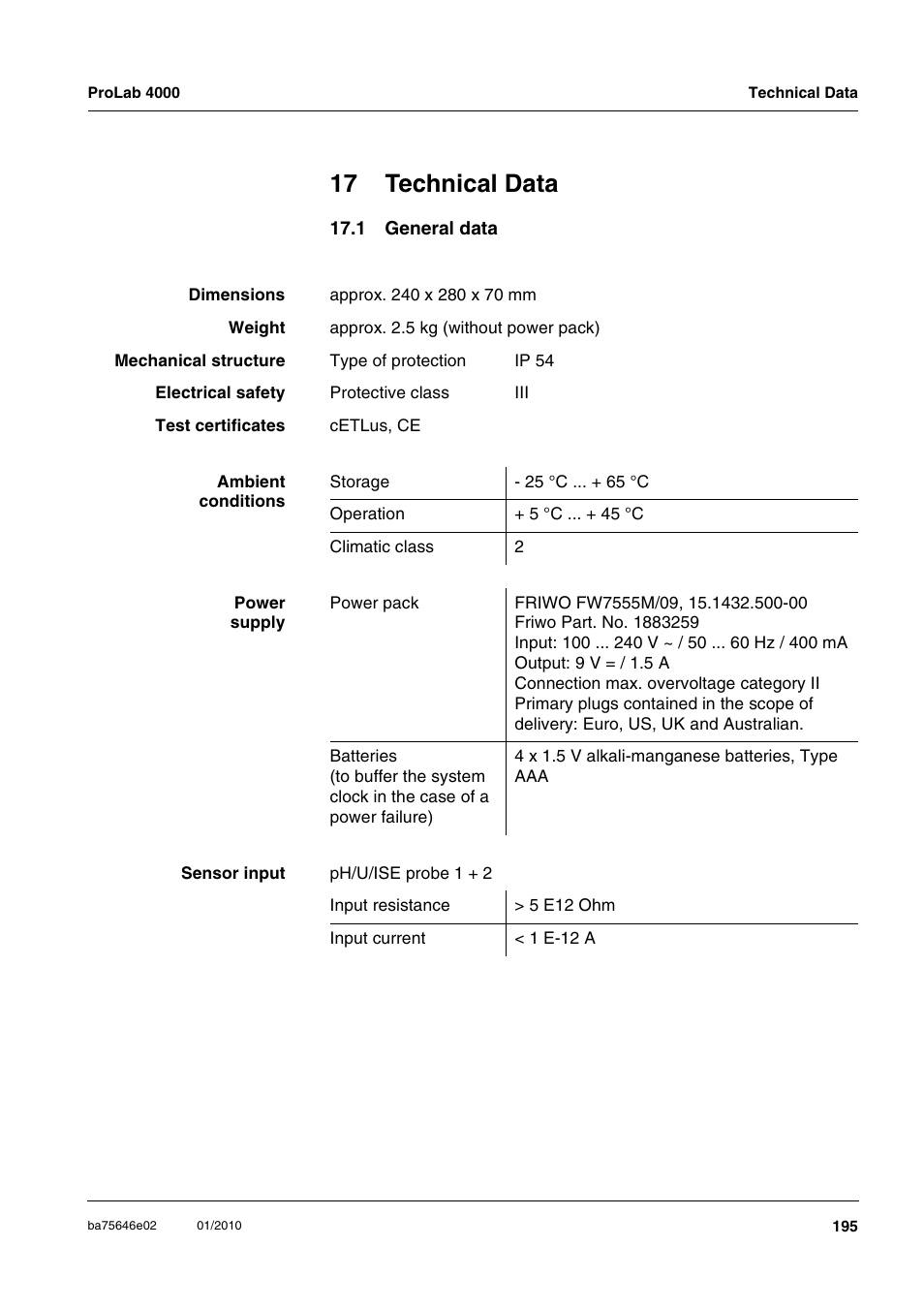 17 technical data, 1 general data, Chapter 17 t | Echnical | Xylem ProLab 4000 MULTIPARAMETER BENCHTOP METER User Manual | Page 195 / 219