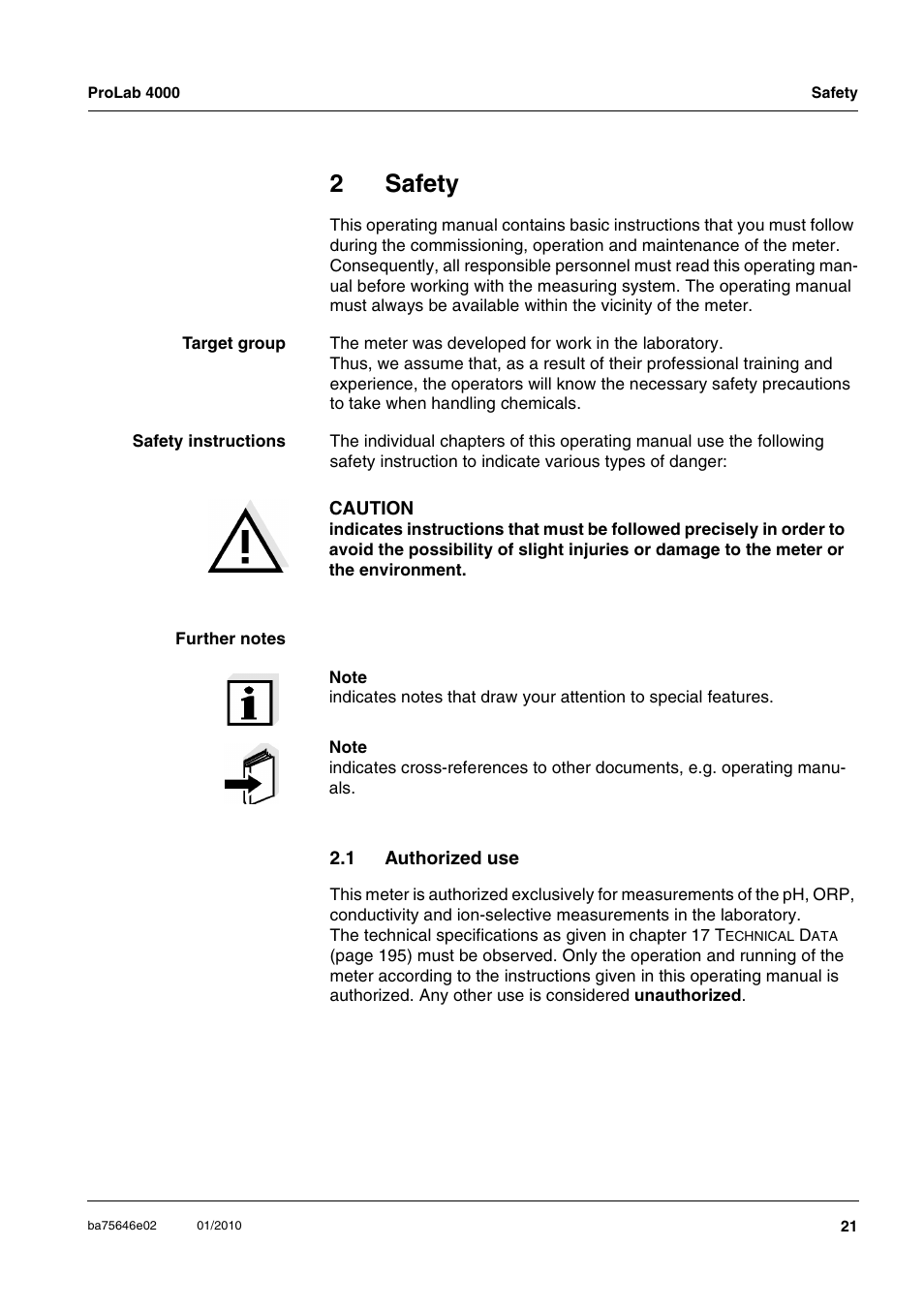2 safety, 1 authorized use, Safety | Authorized use, 2safety | Xylem ProLab 4000 MULTIPARAMETER BENCHTOP METER User Manual | Page 21 / 219