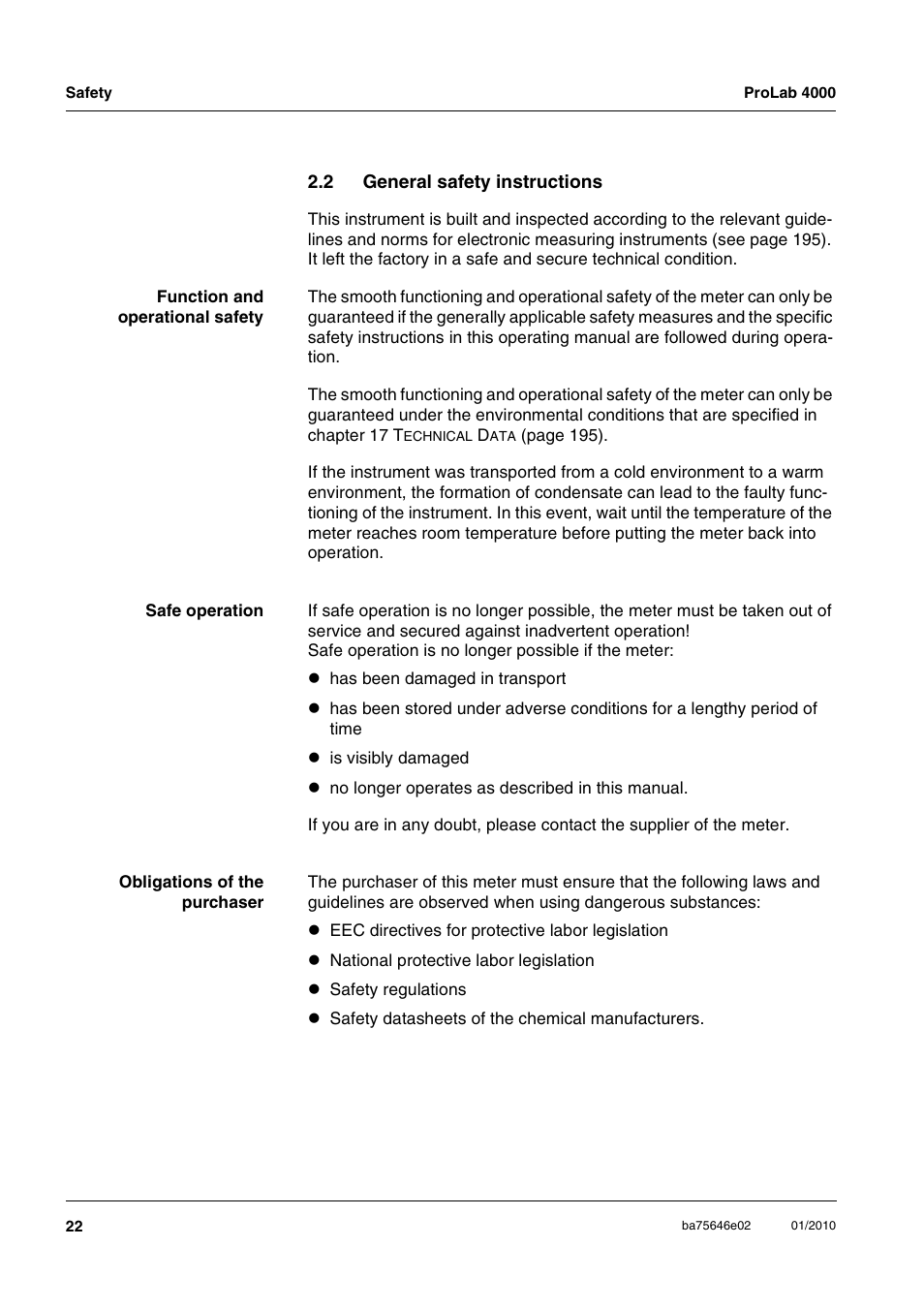 2 general safety instructions, General safety instructions | Xylem ProLab 4000 MULTIPARAMETER BENCHTOP METER User Manual | Page 22 / 219
