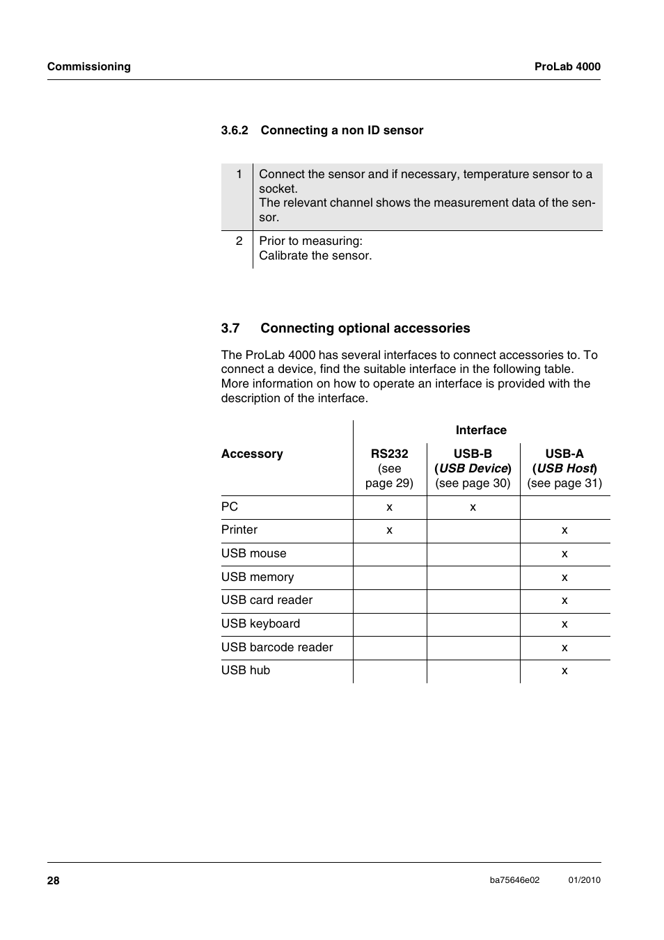 2 connecting a non id sensor, 7 connecting optional accessories, Connecting a non id sensor | Connecting optional accessories | Xylem ProLab 4000 MULTIPARAMETER BENCHTOP METER User Manual | Page 28 / 219