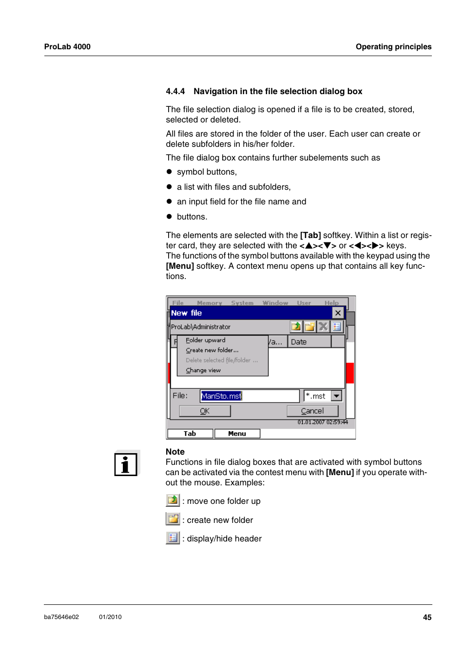 4 navigation in the file selection dialog box, Navigation in the file selection dialog box | Xylem ProLab 4000 MULTIPARAMETER BENCHTOP METER User Manual | Page 45 / 219