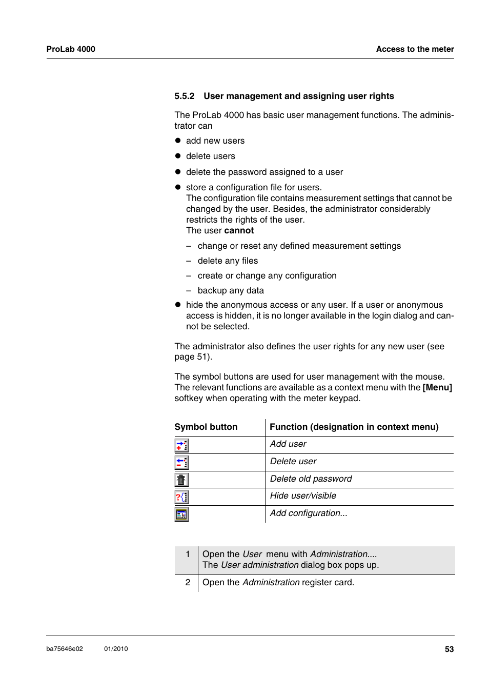 2 user management and assigning user rights, User management and assigning user rights | Xylem ProLab 4000 MULTIPARAMETER BENCHTOP METER User Manual | Page 53 / 219