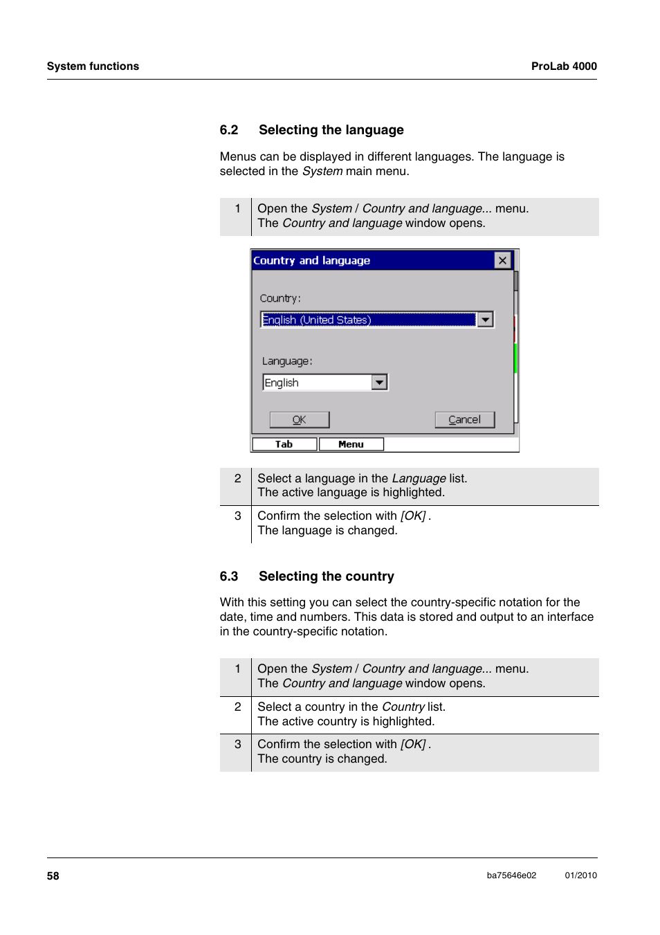 2 selecting the language, 3 selecting the country, Selecting the language | Selecting the country | Xylem ProLab 4000 MULTIPARAMETER BENCHTOP METER User Manual | Page 58 / 219