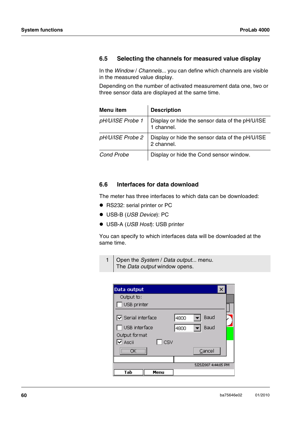 6 interfaces for data download, Selecting the channels for measured value display, Interfaces for data download | Xylem ProLab 4000 MULTIPARAMETER BENCHTOP METER User Manual | Page 60 / 219