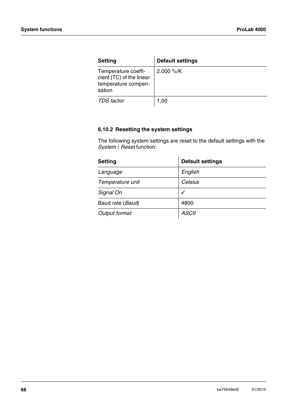 2 resetting the system settings | Xylem ProLab 4000 MULTIPARAMETER BENCHTOP METER User Manual | Page 66 / 219