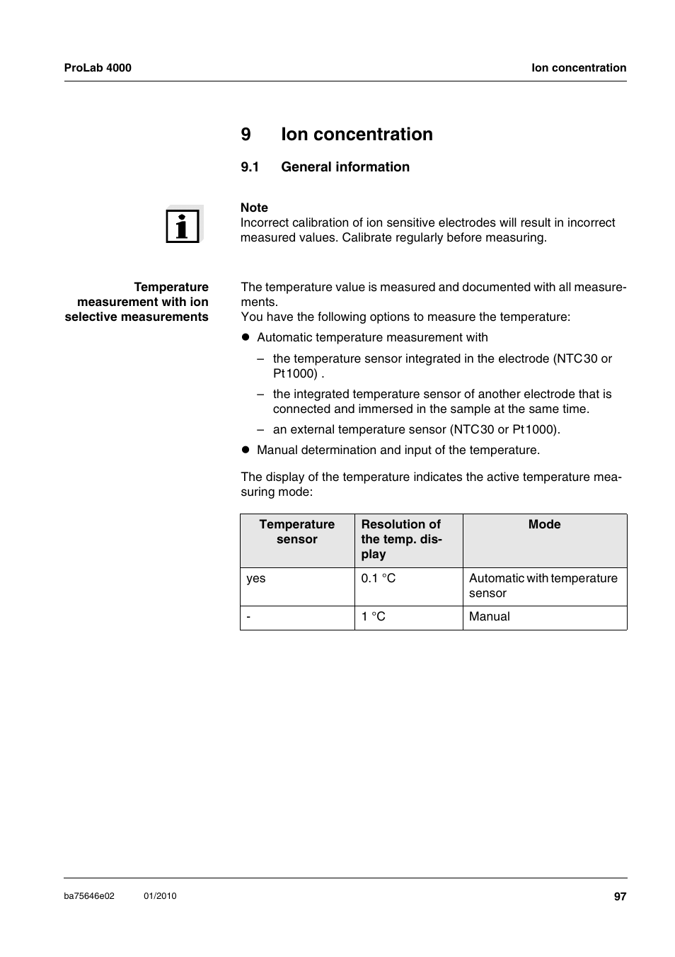 9 ion concentration, 1 general information, Ion concentration | General information, 9ion concentration | Xylem ProLab 4000 MULTIPARAMETER BENCHTOP METER User Manual | Page 97 / 219