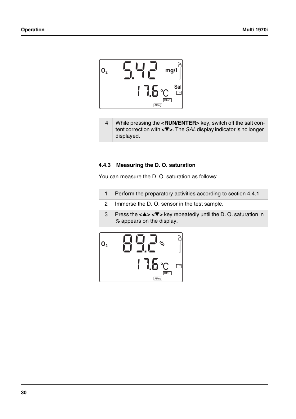 3 measuring the d. o. saturation, Measuring the d. o. saturation | Xylem MULTI 1970I PORTABLE MULTIPARAMETER METERS User Manual | Page 32 / 87