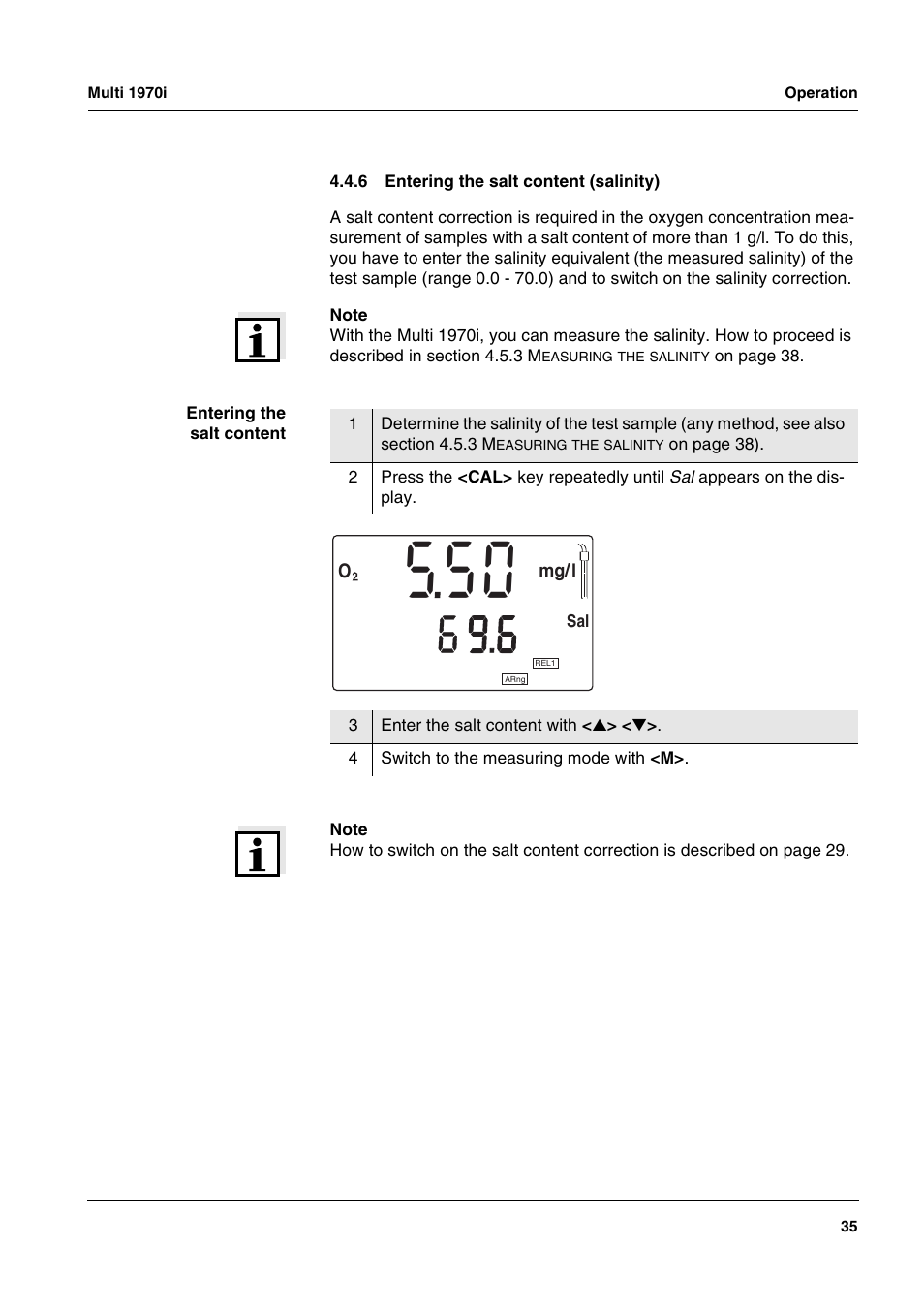 6 entering the salt content (salinity), Entering the salt content (salinity), Section 4.4.6 e | Ntering, Salt, Content, Salinity | Xylem MULTI 1970I PORTABLE MULTIPARAMETER METERS User Manual | Page 37 / 87