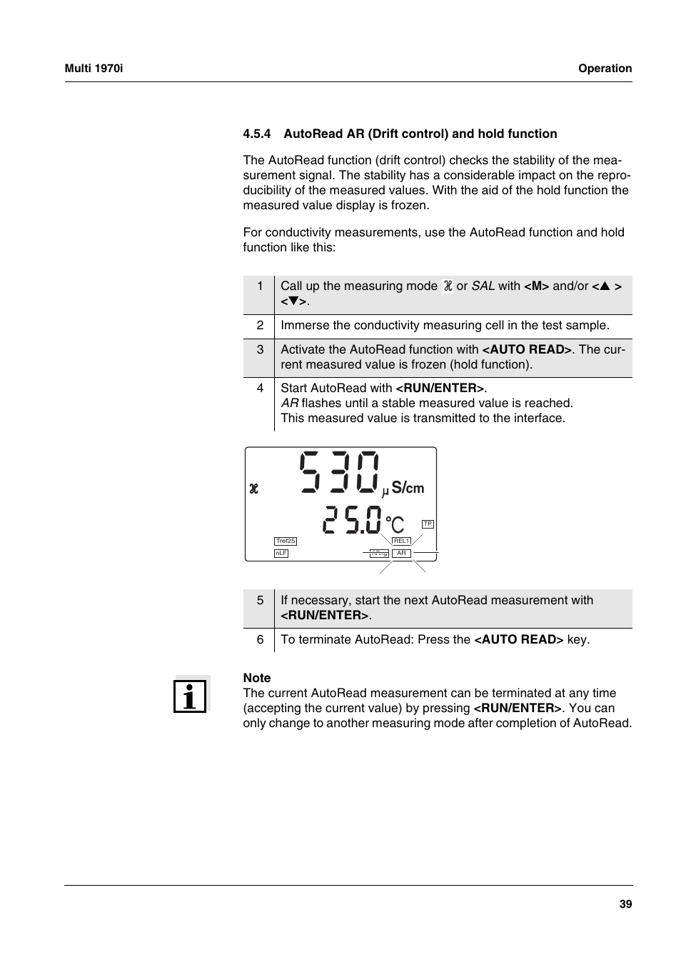 4 autoread ar (drift control) and hold function, Autoread ar (drift control) and hold function . 39 | Xylem MULTI 1970I PORTABLE MULTIPARAMETER METERS User Manual | Page 41 / 87