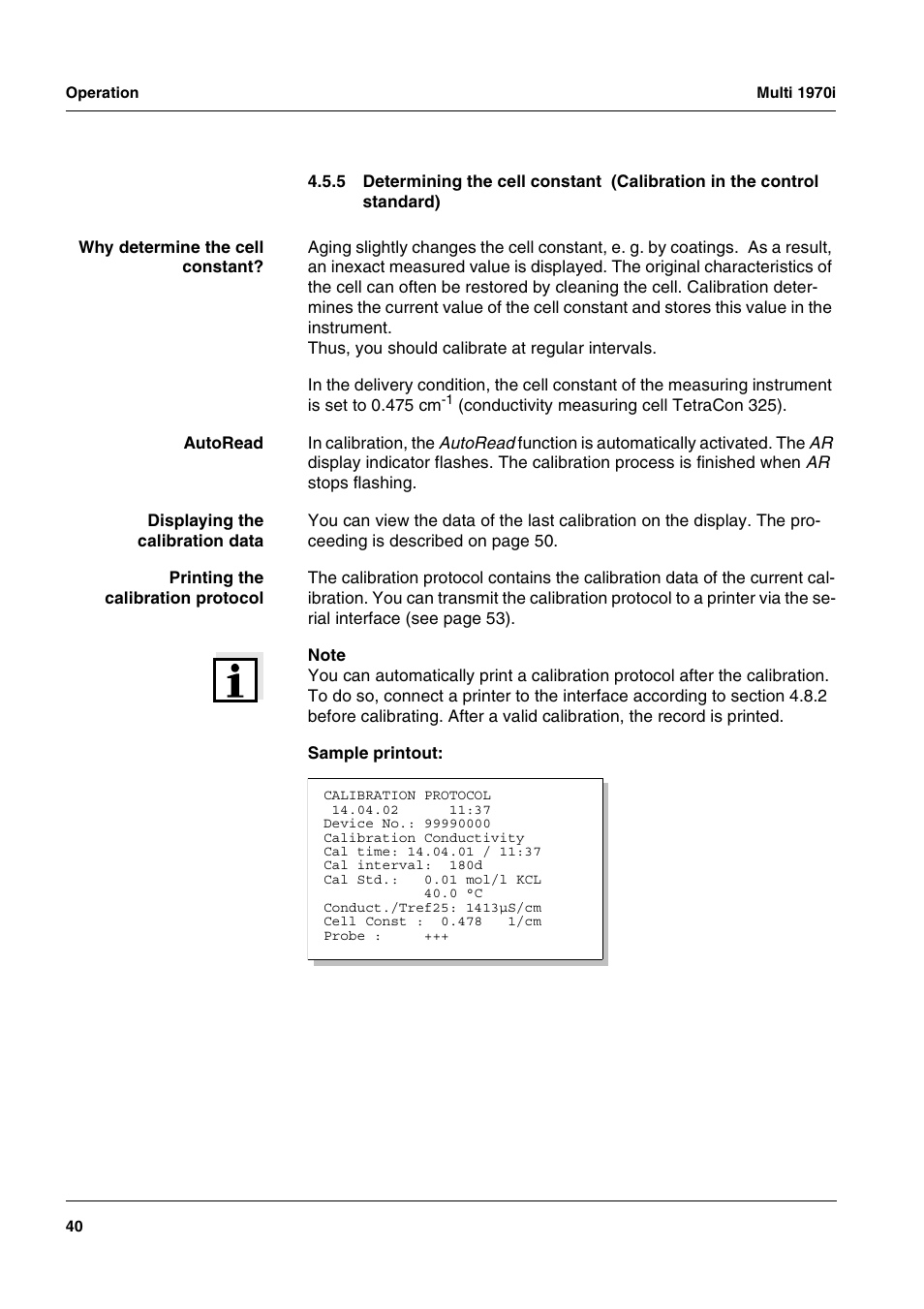 Section 4.5.5 d, Etermining, Cell | Constant, Alibration, Control, Standard | Xylem MULTI 1970I PORTABLE MULTIPARAMETER METERS User Manual | Page 42 / 87