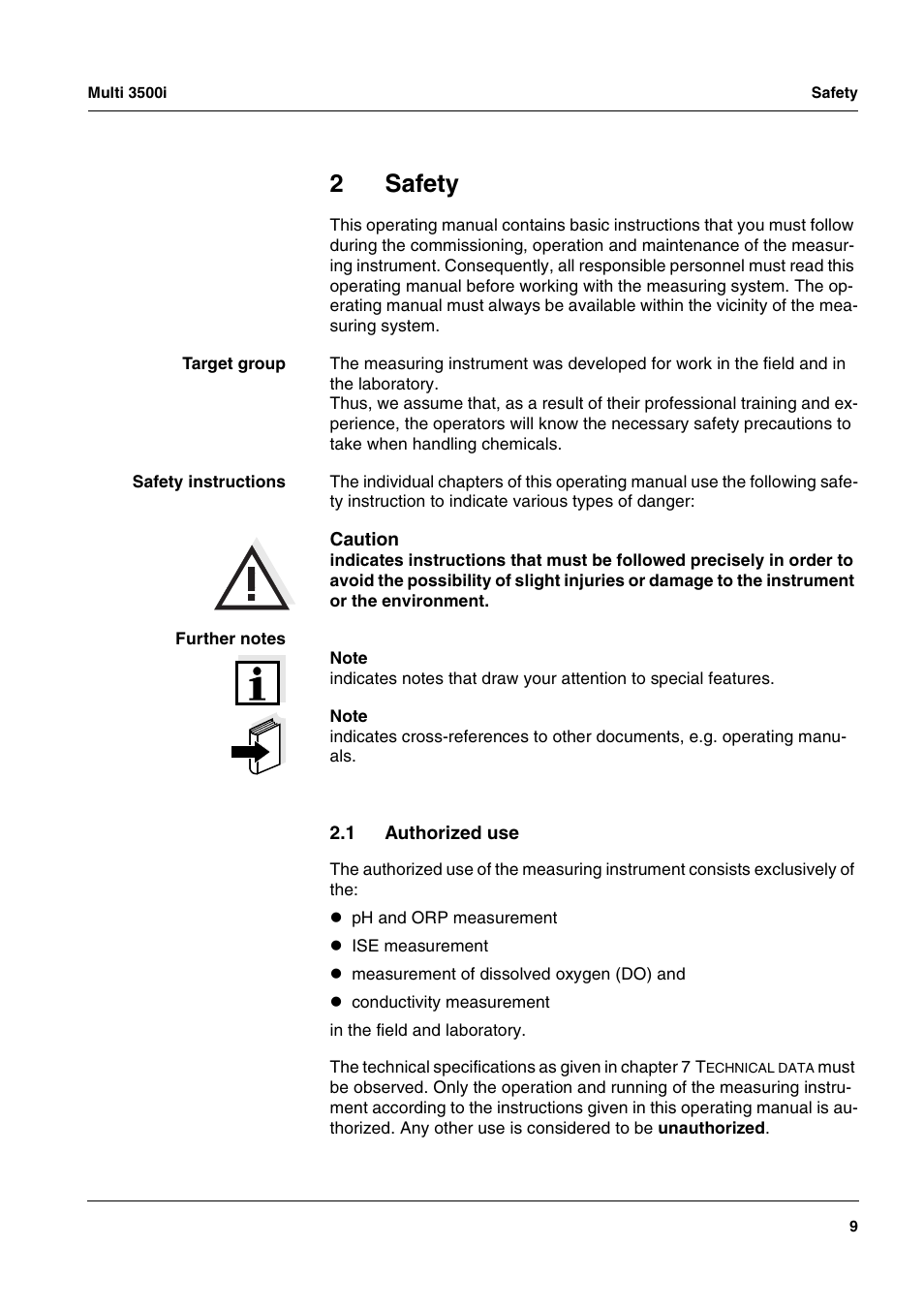 2 safety, 1 authorized use, Safety | Authorized use, 2safety | Xylem MULTI 3500i HANDHELD MULTIPARAMETER METERS User Manual | Page 11 / 107