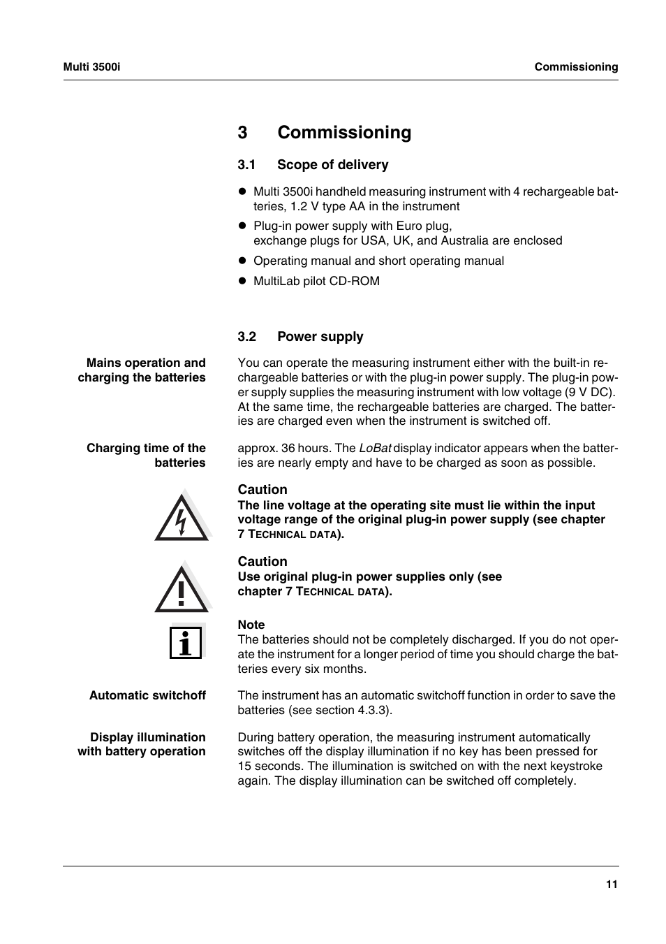 3 commissioning, 1 scope of delivery, 2 power supply | Commissioning, Scope of delivery, Power supply, 3commissioning | Xylem MULTI 3500i HANDHELD MULTIPARAMETER METERS User Manual | Page 13 / 107