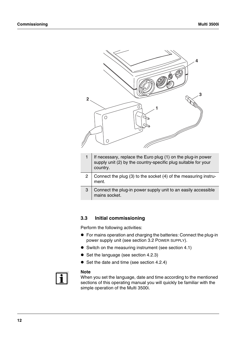 3 initial commissioning, Initial commissioning | Xylem MULTI 3500i HANDHELD MULTIPARAMETER METERS User Manual | Page 14 / 107