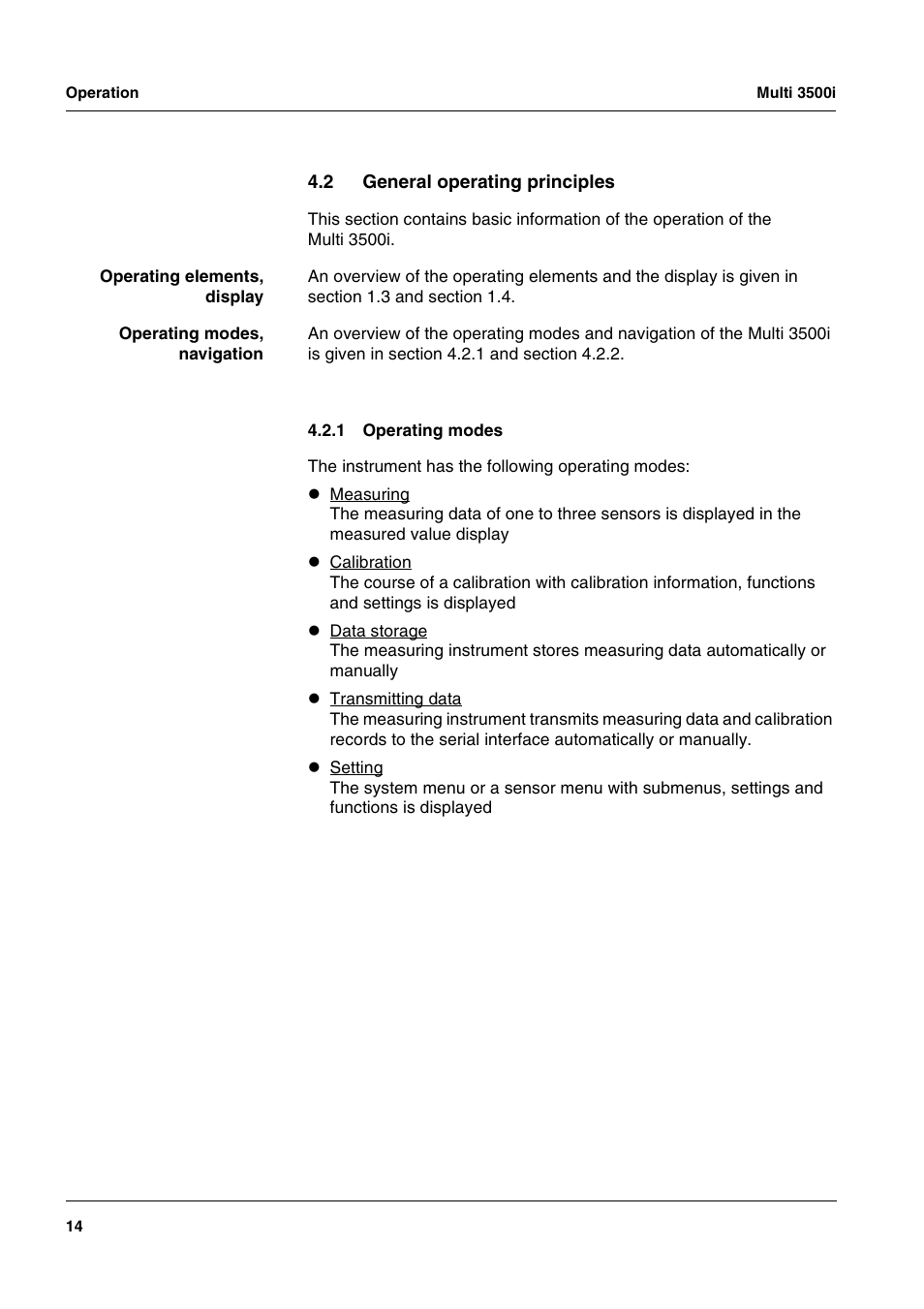 2 general operating principles, 1 operating modes, General operating principles 4.2.1 | Operating modes | Xylem MULTI 3500i HANDHELD MULTIPARAMETER METERS User Manual | Page 16 / 107