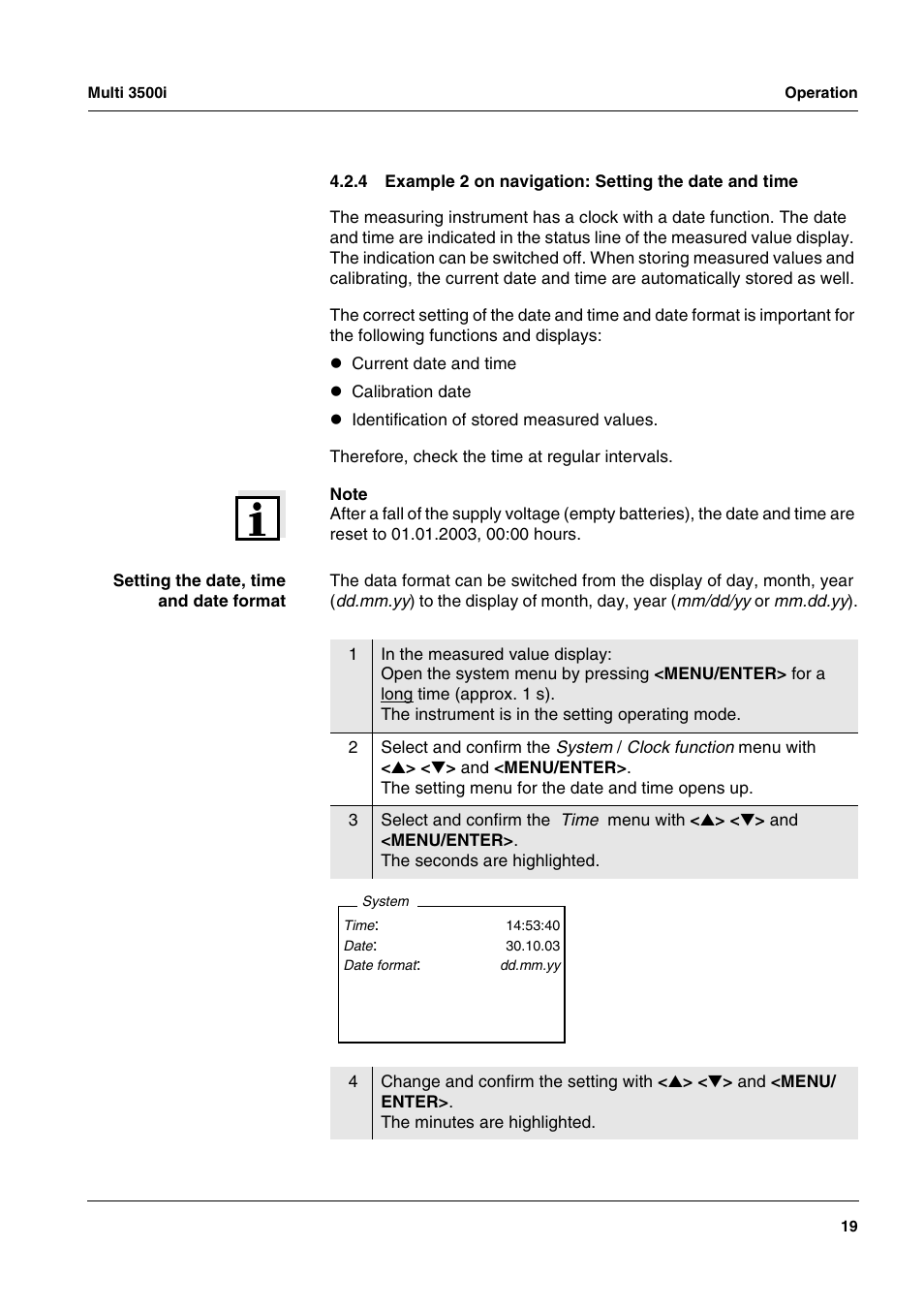 Example 2 on navigation: setting the date and time, Section 4.2.4) | Xylem MULTI 3500i HANDHELD MULTIPARAMETER METERS User Manual | Page 21 / 107