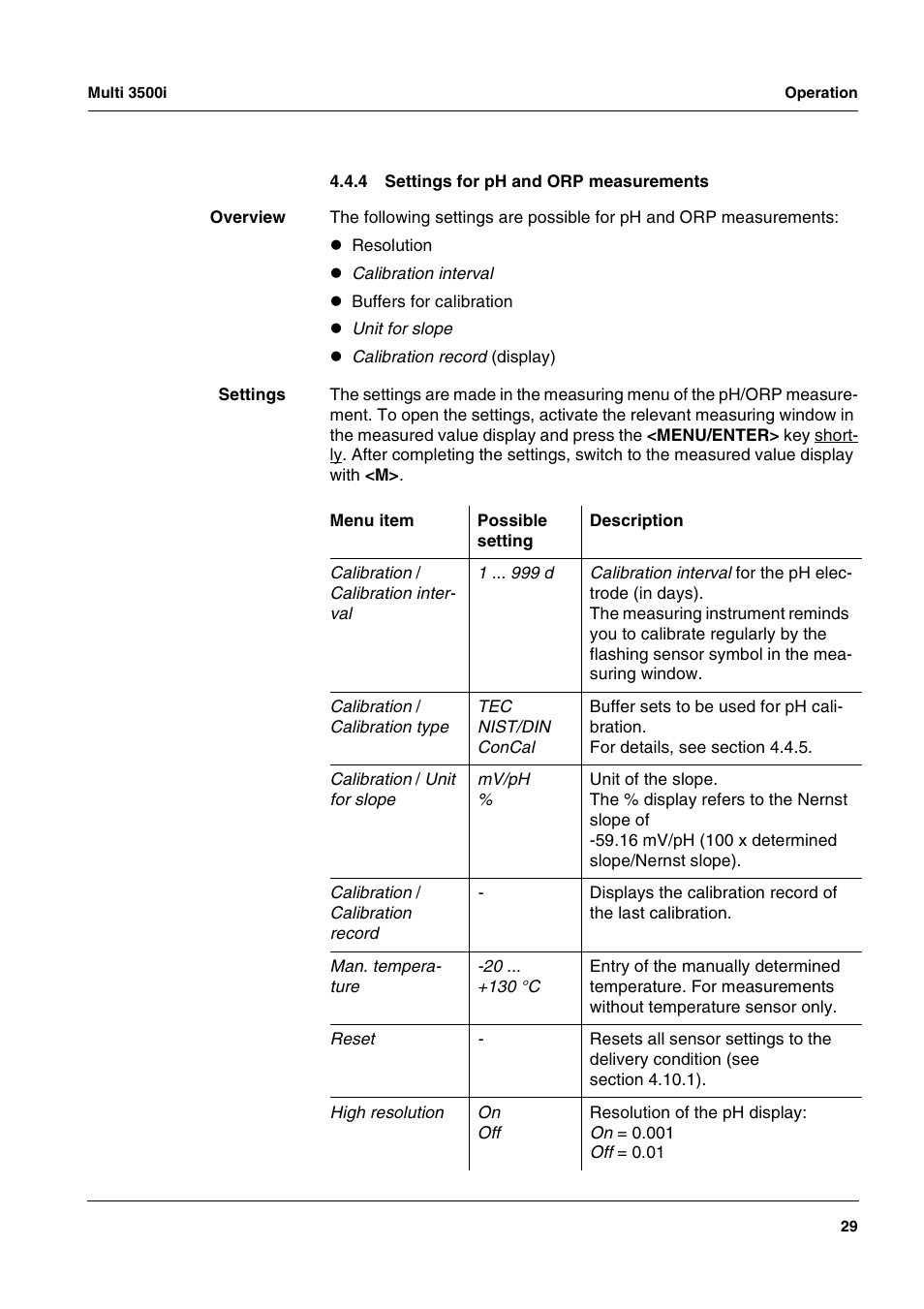 4 settings for ph and orp measurements, Settings for ph and orp measurements | Xylem MULTI 3500i HANDHELD MULTIPARAMETER METERS User Manual | Page 31 / 107