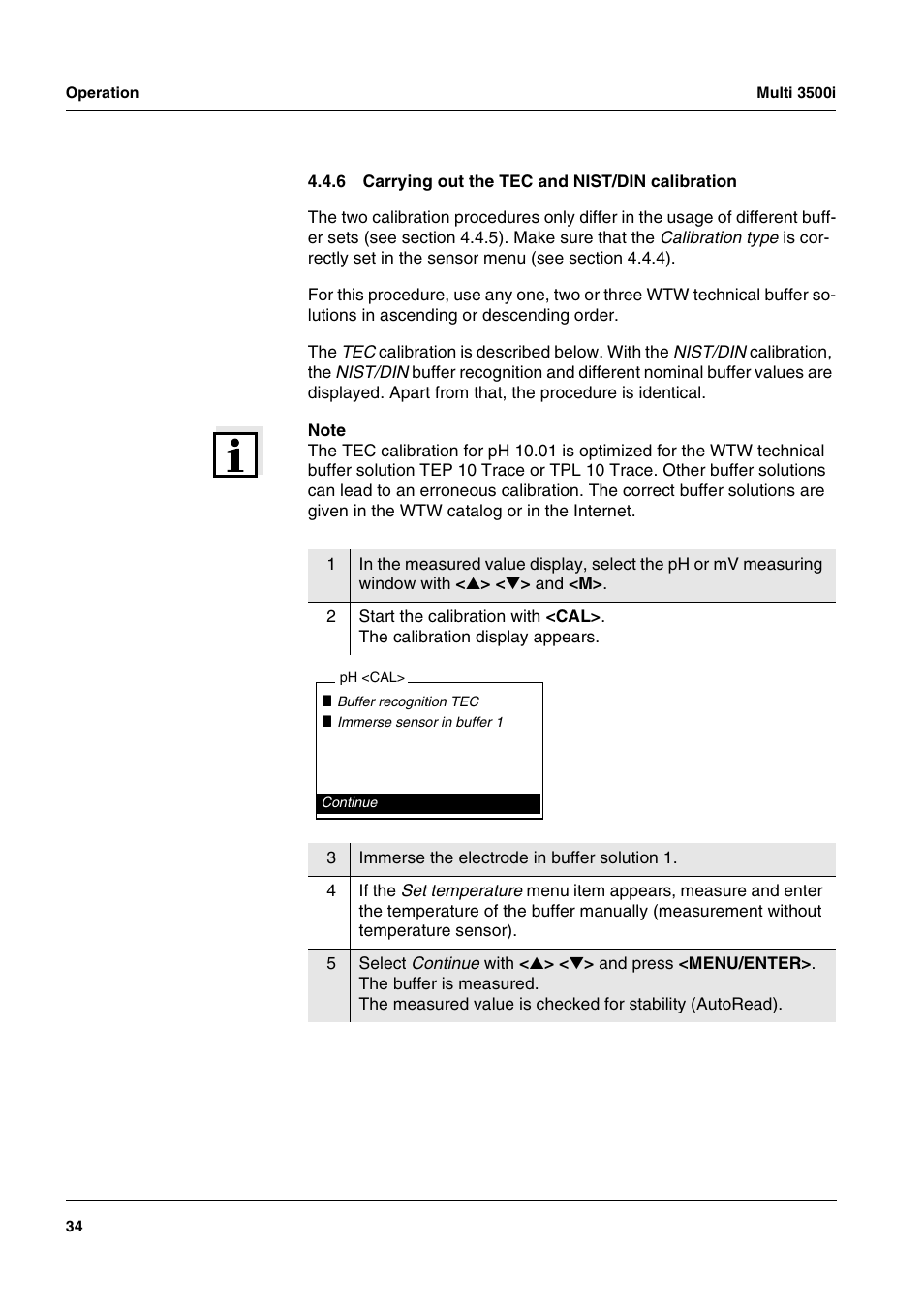 6 carrying out the tec and nist/din calibration, Carrying out the tec and nist/din calibration 34 | Xylem MULTI 3500i HANDHELD MULTIPARAMETER METERS User Manual | Page 36 / 107