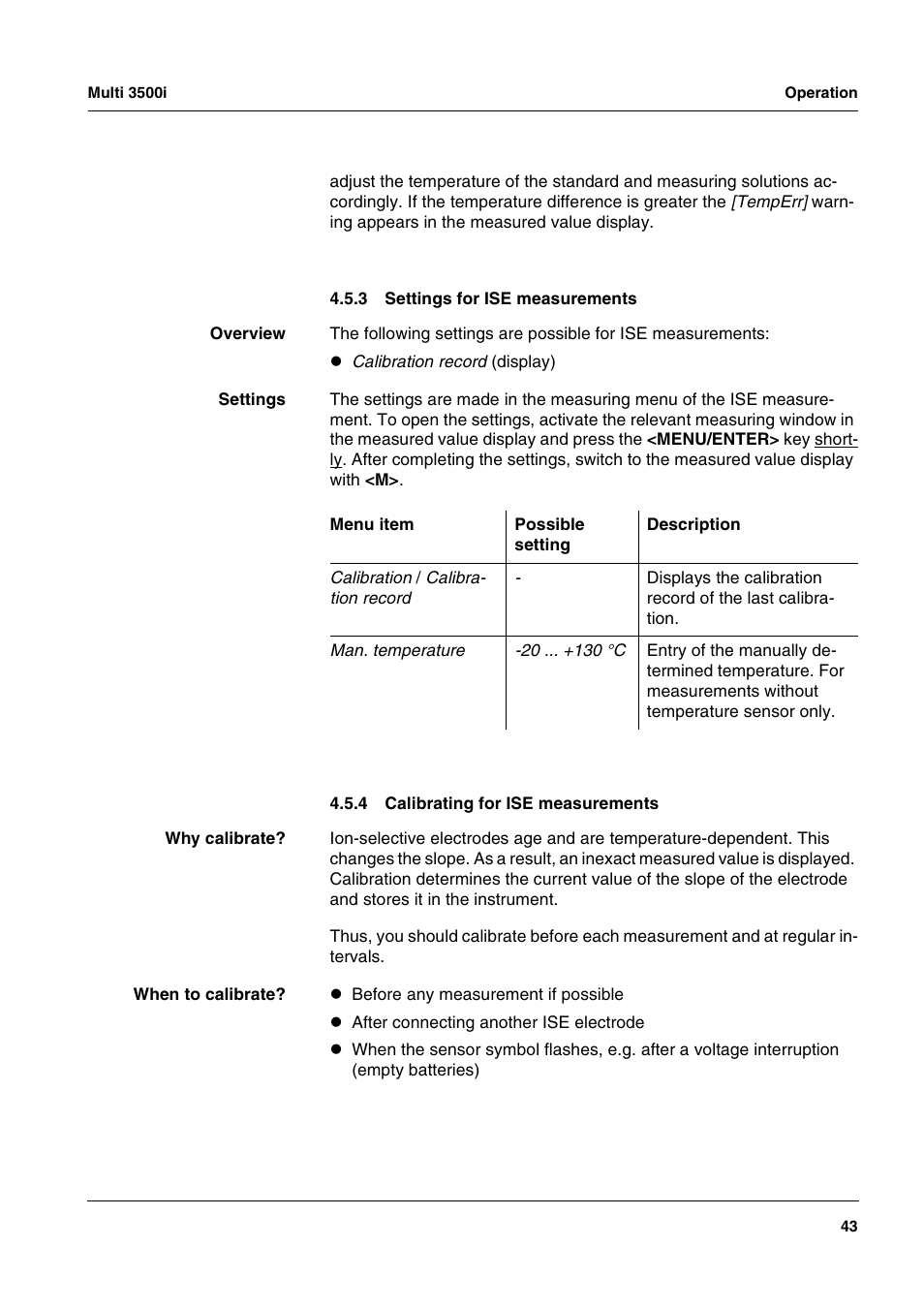 3 settings for ise measurements, 4 calibrating for ise measurements, Settings for ise measurements | Calibrating for ise measurements | Xylem MULTI 3500i HANDHELD MULTIPARAMETER METERS User Manual | Page 45 / 107