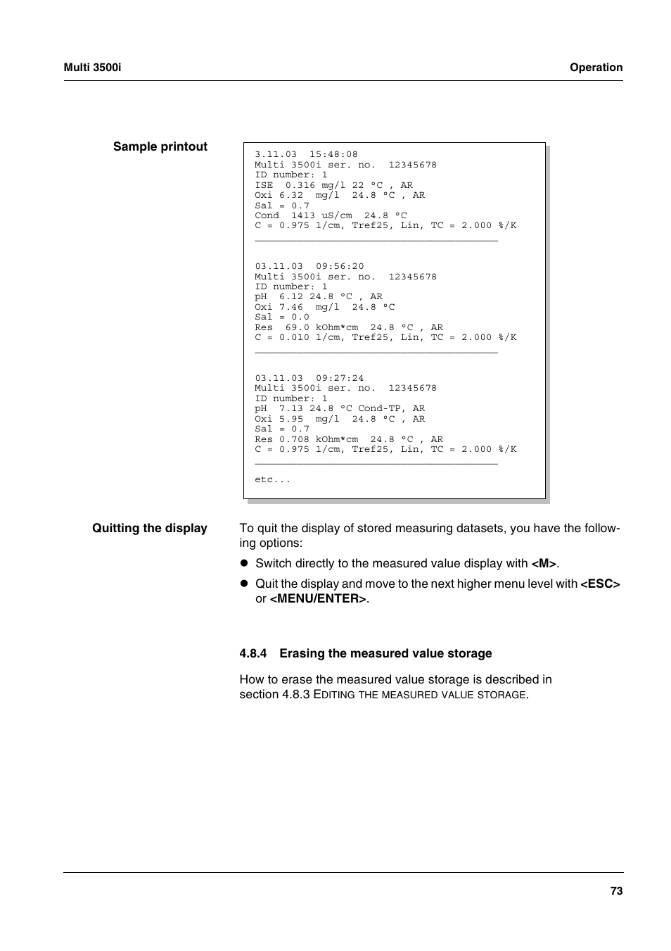 4 erasing the measured value storage, Erasing the measured value storage | Xylem MULTI 3500i HANDHELD MULTIPARAMETER METERS User Manual | Page 75 / 107