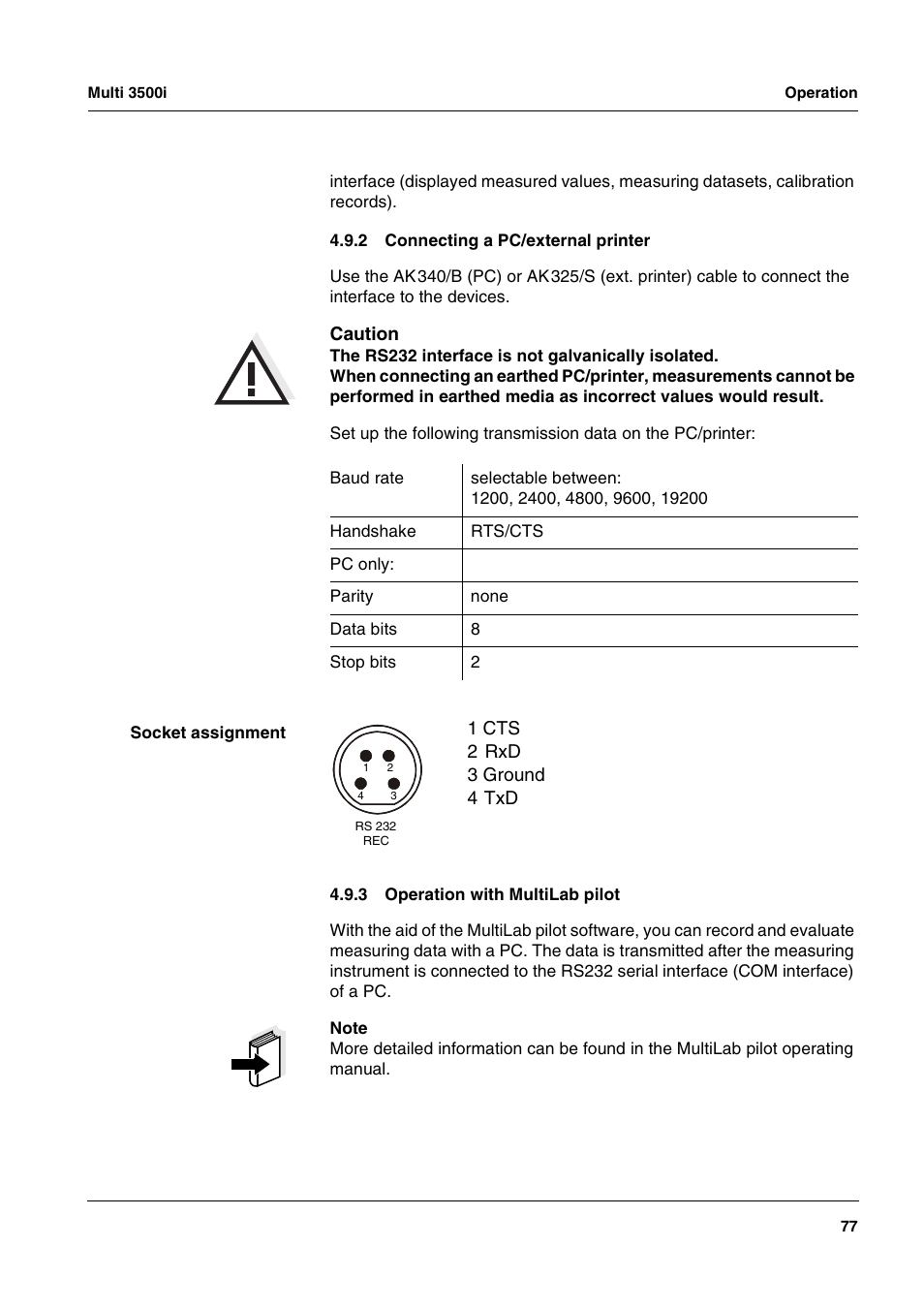 2 connecting a pc/external printer, 3 operation with multilab pilot, Connecting a pc/external printer | Operation with multilab pilot | Xylem MULTI 3500i HANDHELD MULTIPARAMETER METERS User Manual | Page 79 / 107