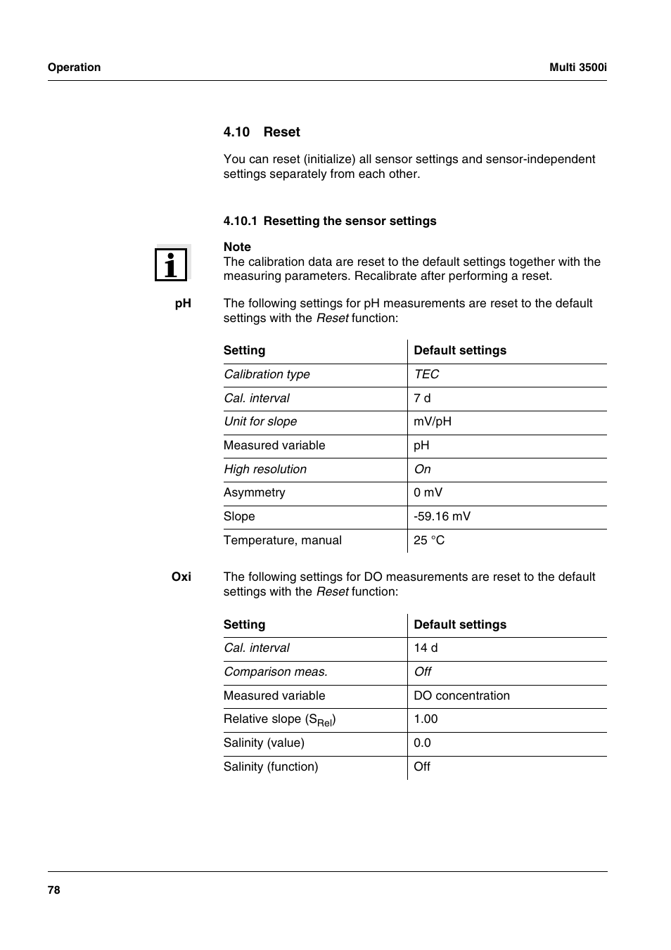 10 reset, 1 resetting the sensor settings | Xylem MULTI 3500i HANDHELD MULTIPARAMETER METERS User Manual | Page 80 / 107