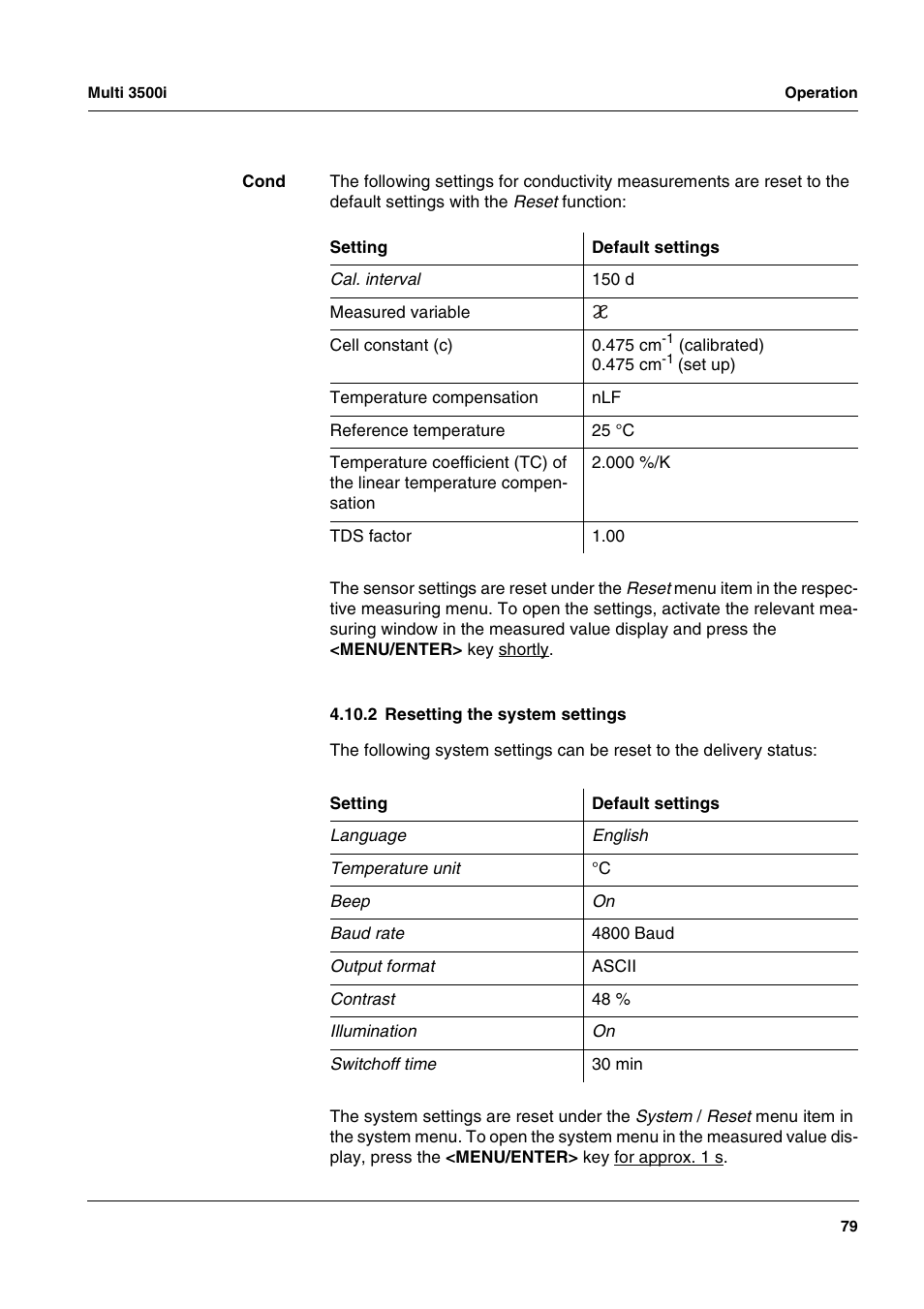 2 resetting the system settings | Xylem MULTI 3500i HANDHELD MULTIPARAMETER METERS User Manual | Page 81 / 107