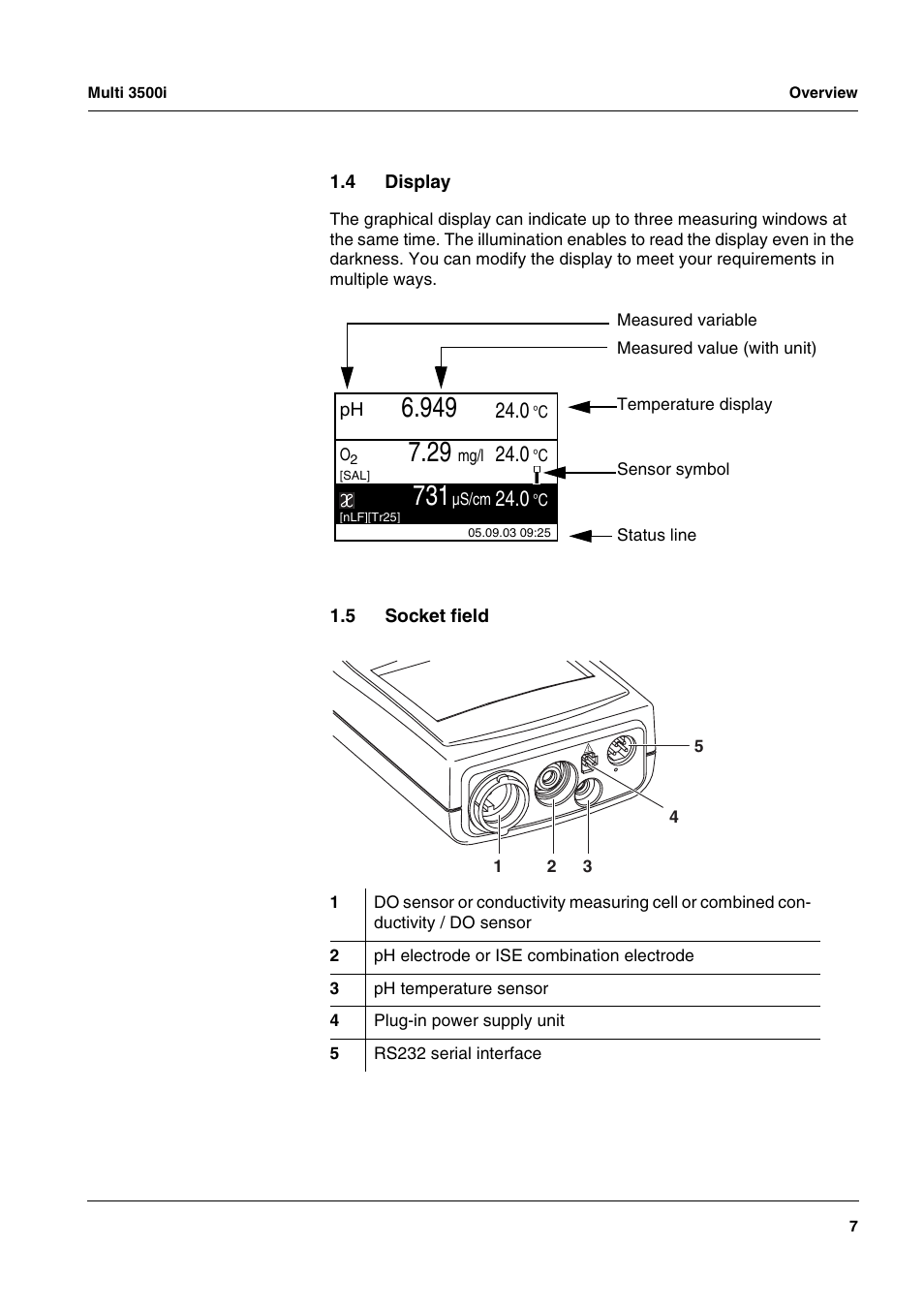 4 display, 5 socket field, Display | Socket field | Xylem MULTI 3500i HANDHELD MULTIPARAMETER METERS User Manual | Page 9 / 107