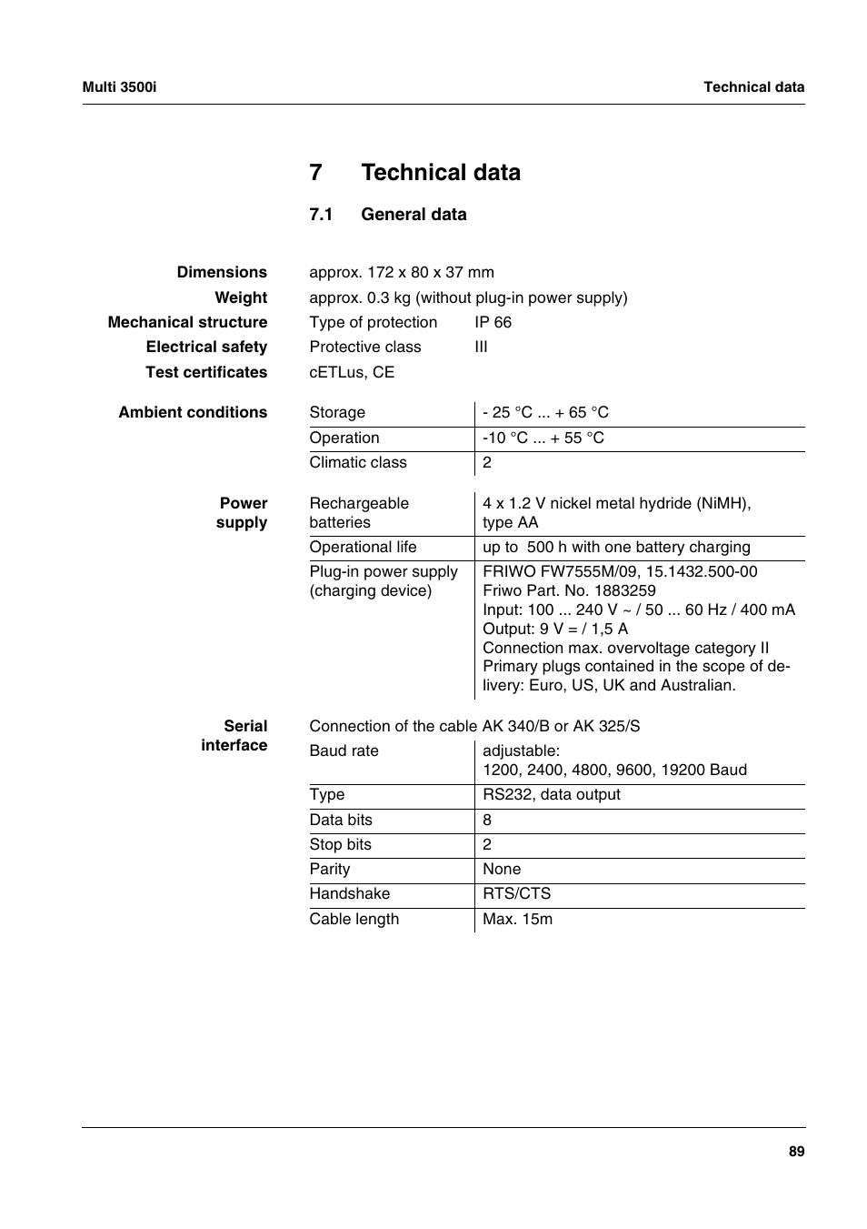7 technical data, 1 general data, Technical data | General data, In chapter 7 t, Echnical, Data, Must, Ee chapter 7 t, Chapter 7 t | Xylem MULTI 3500i HANDHELD MULTIPARAMETER METERS User Manual | Page 91 / 107