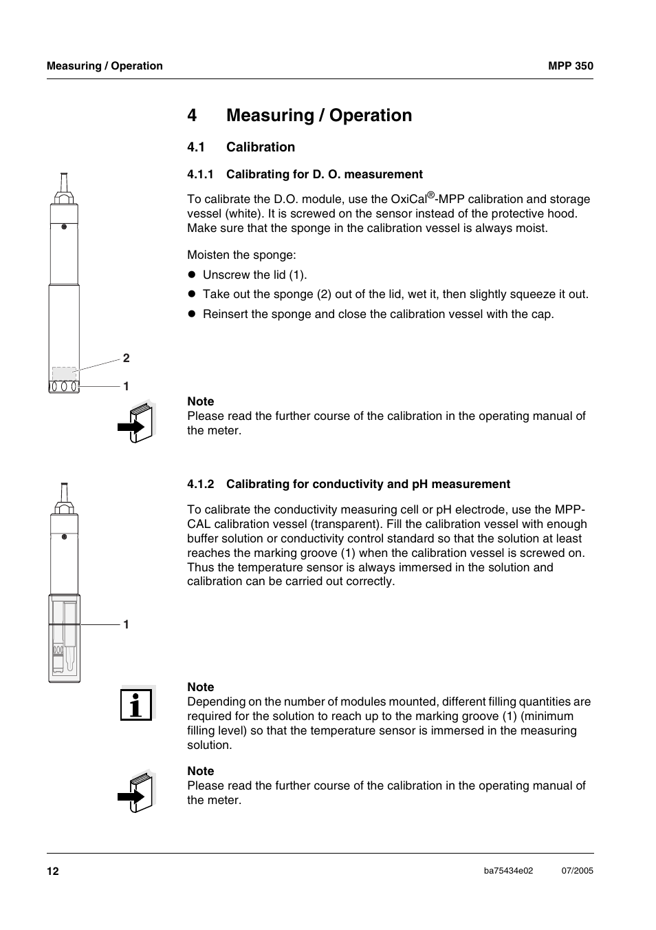 4 measuring / operation, 1 calibration, Measuring / operation | Calibration, 4measuring / operation | Xylem MPP 350 User Manual | Page 12 / 30