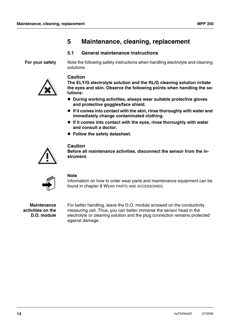 5 maintenance, cleaning, replacement, 1 general maintenance instructions, Maintenance, cleaning, replacement | General maintenance instructions, 5maintenance, cleaning, replacement | Xylem MPP 350 User Manual | Page 14 / 30