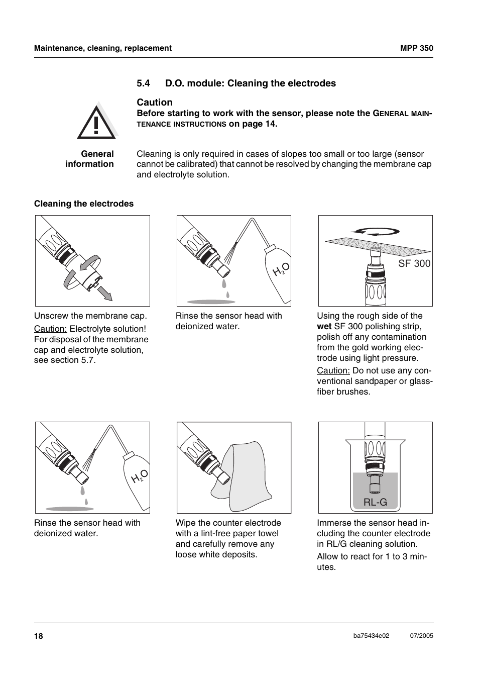 D.o. module: cleaning the electrodes, Sf 300 rl-g | Xylem MPP 350 User Manual | Page 18 / 30