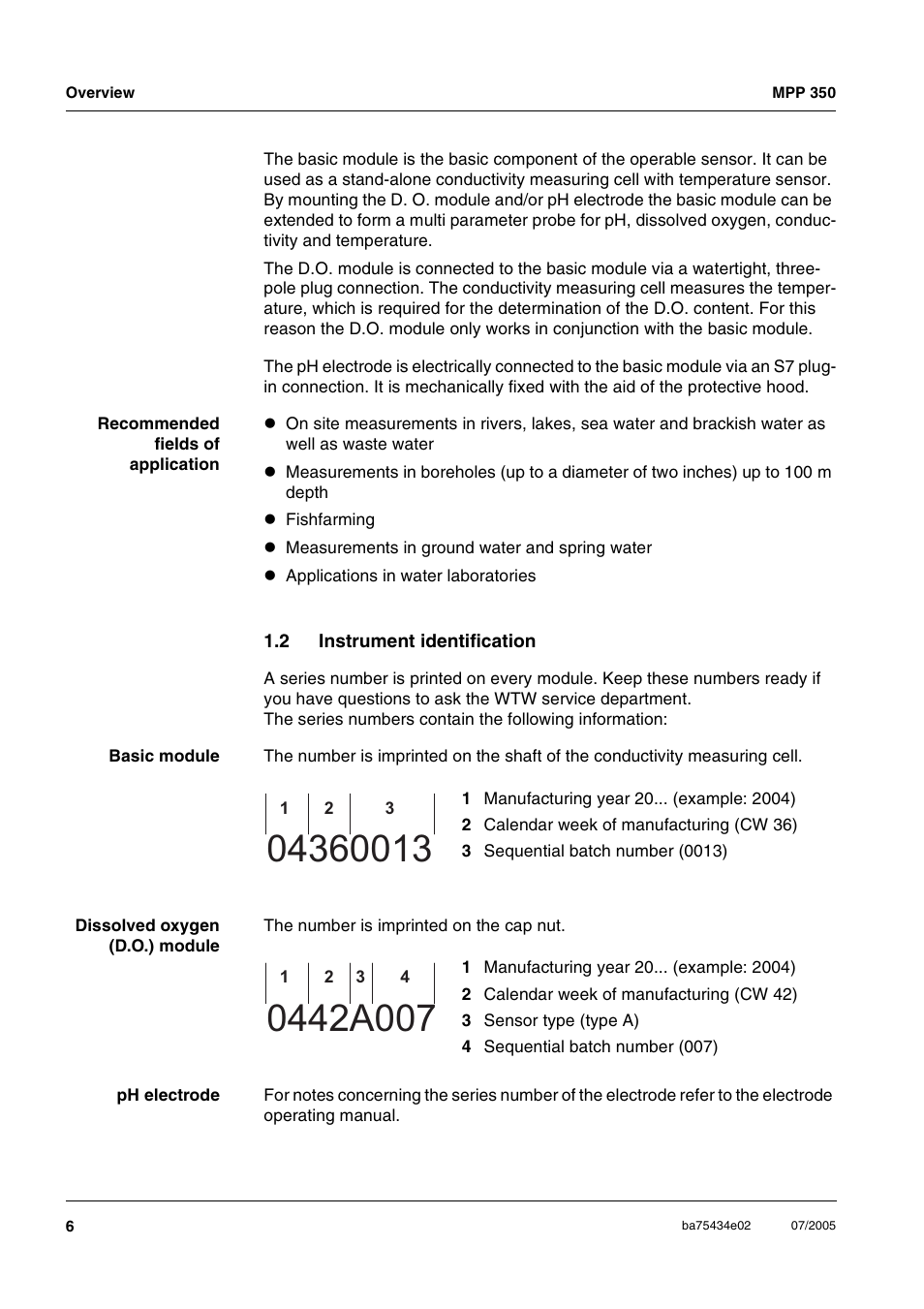 2 instrument identification, Instrument identification | Xylem MPP 350 User Manual | Page 6 / 30