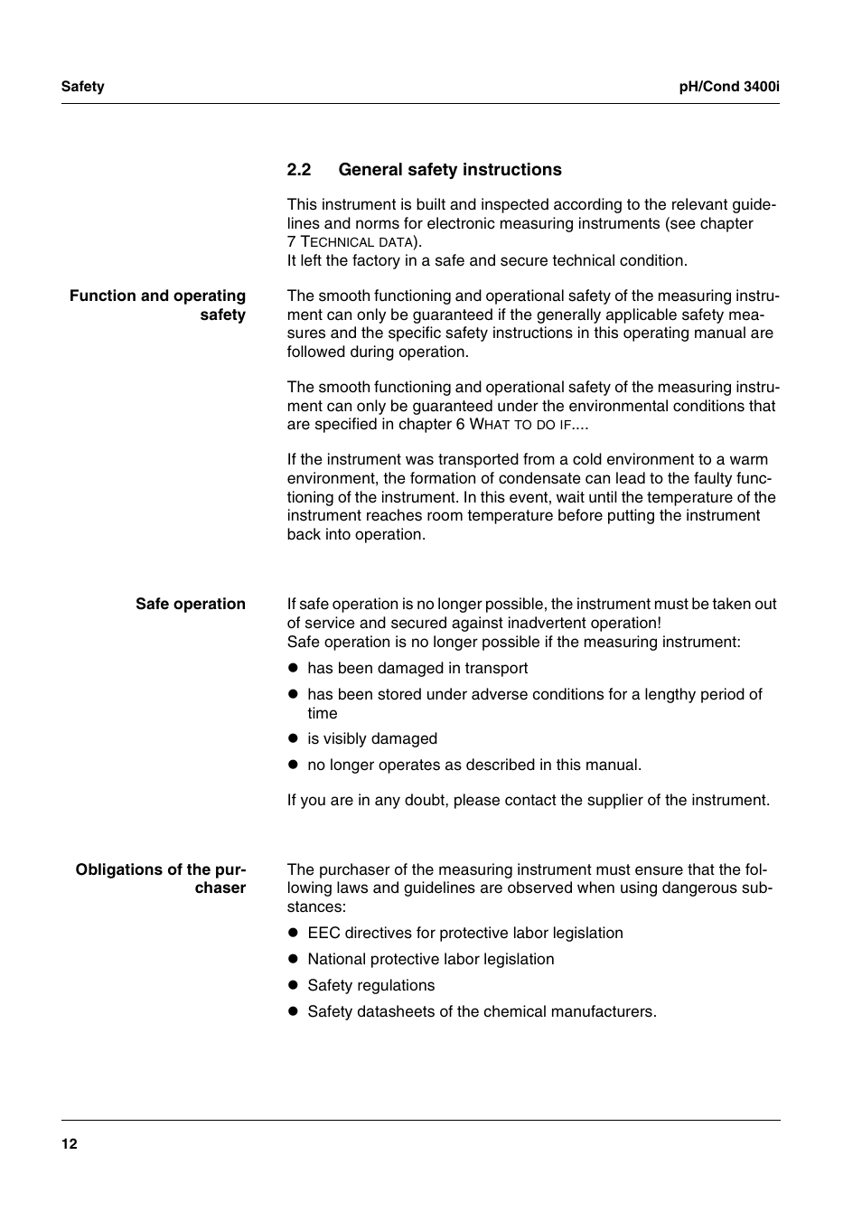 2 general safety instructions, General safety instructions | Xylem MULTI 3400i pH/Cond MULTI-PARAMETER METERS User Manual | Page 12 / 83