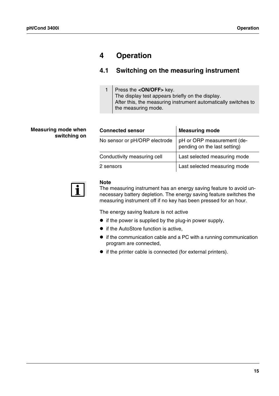 4 operation, 1 switching on the measuring instrument, Operation | Switching on the measuring instrument, 4operation | Xylem MULTI 3400i pH/Cond MULTI-PARAMETER METERS User Manual | Page 15 / 83