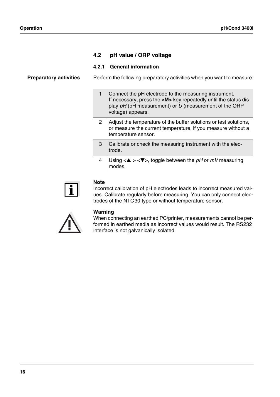 2 ph value / orp voltage, 1 general information, Ph value / orp voltage 4.2.1 | General information | Xylem MULTI 3400i pH/Cond MULTI-PARAMETER METERS User Manual | Page 16 / 83