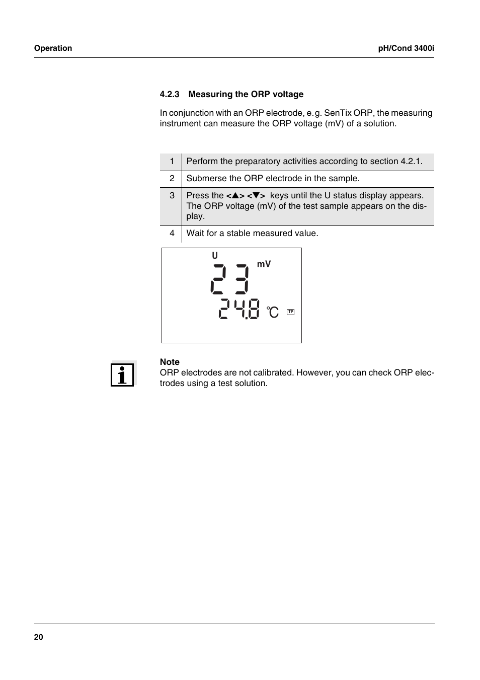 3 measuring the orp voltage, Measuring the orp voltage | Xylem MULTI 3400i pH/Cond MULTI-PARAMETER METERS User Manual | Page 20 / 83